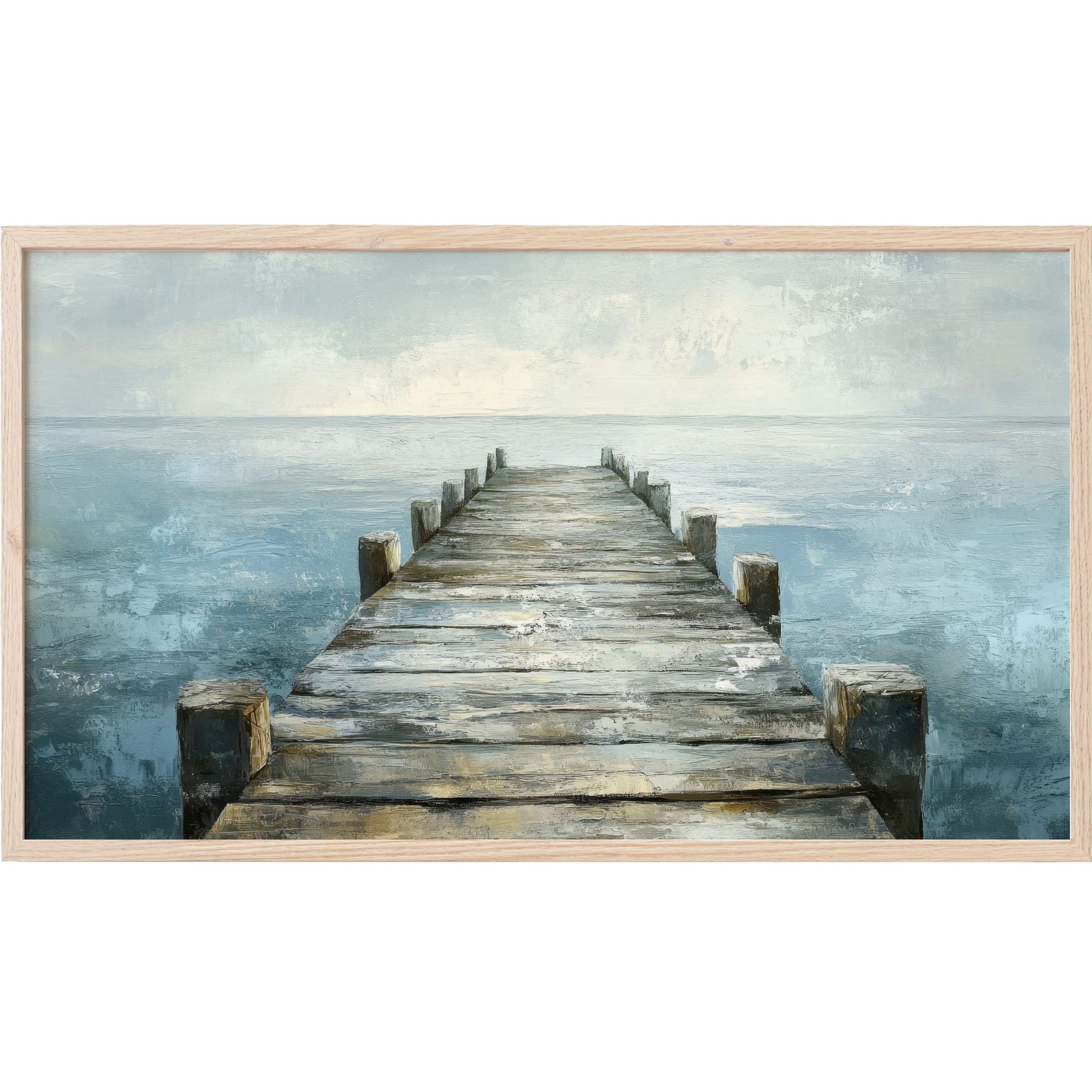 Coastal Frame TV Art features a serene wooden pier in muted blues and grays with an elegant, textured finish