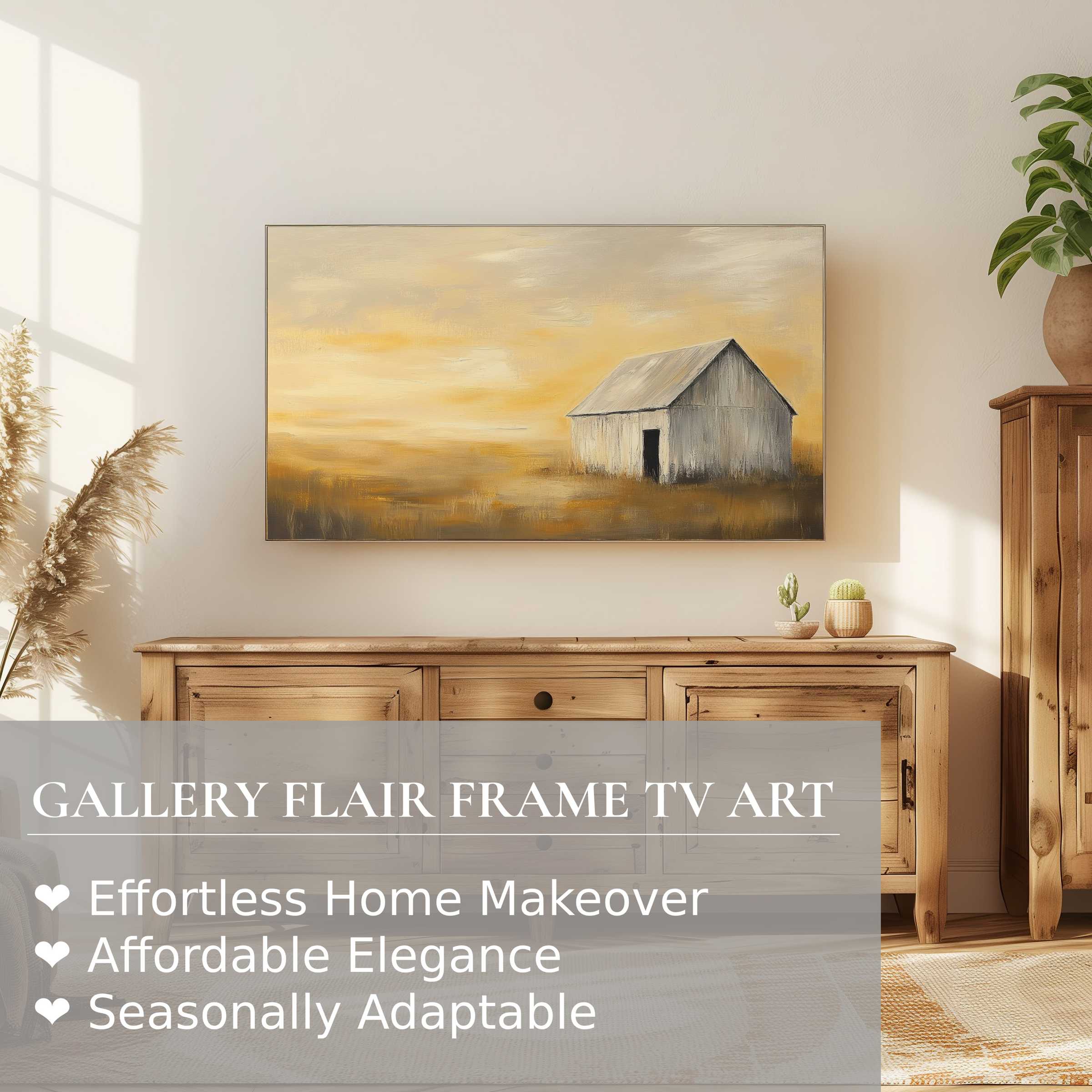 Samsung Frame TV displays warm, elegant summer digital artwork of a rustic barn in soft, sunlit tones, perfect for refined decor