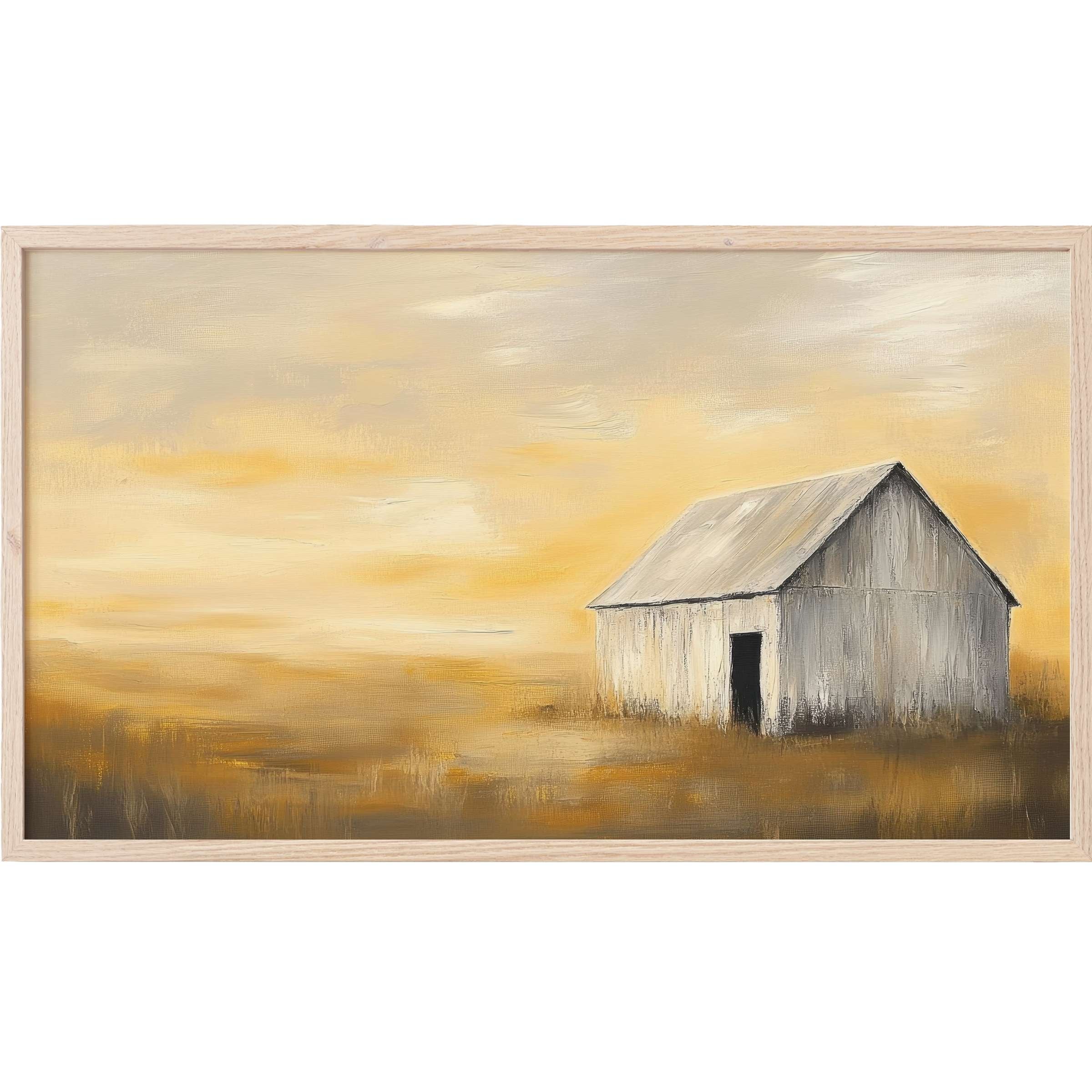 Minimalist barn landscape in soft gold and gray hues, evoking calm and warmth in summer Frame TV Art style