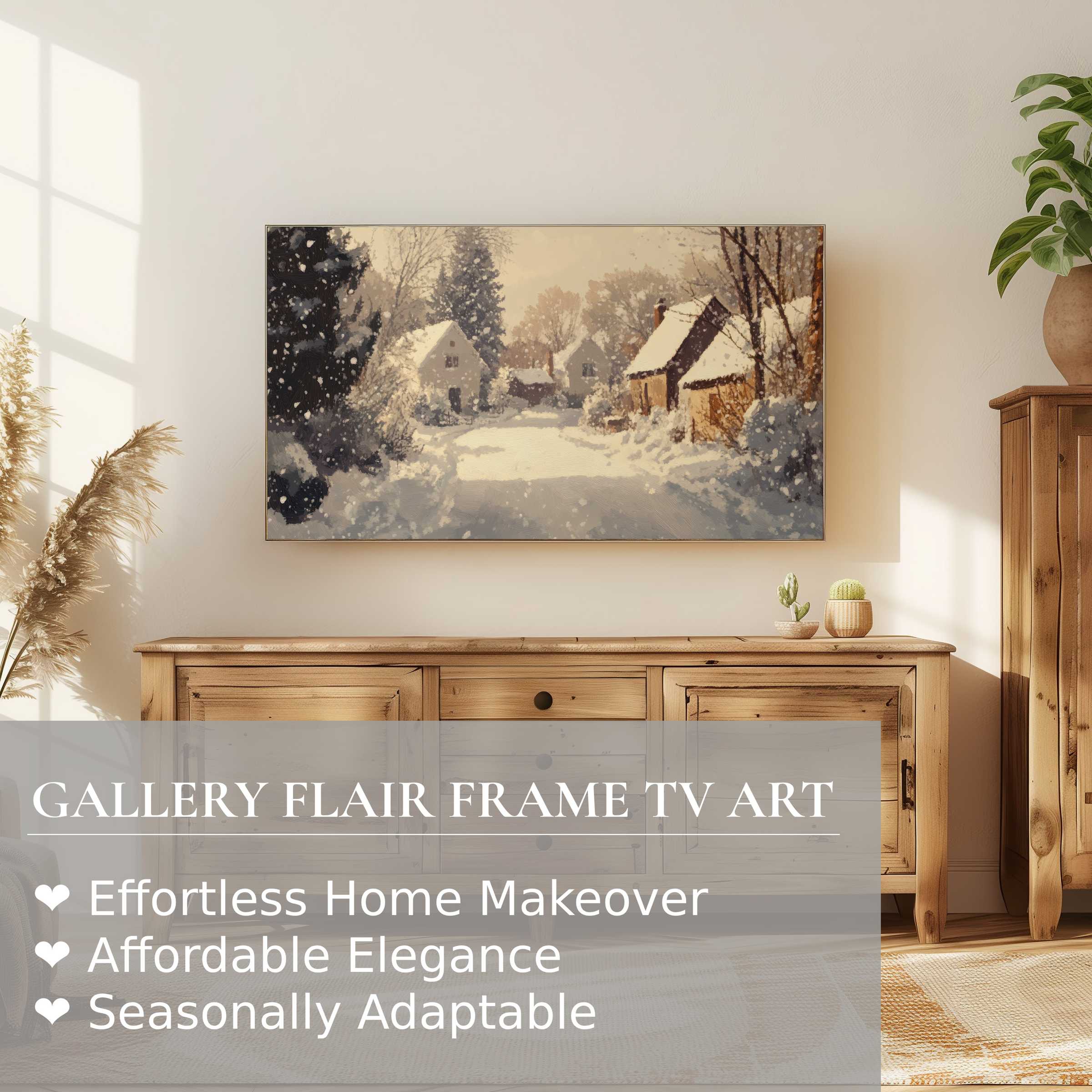 Modern winter digital artwork of snowy village displayed on Samsung Frame TV in warm, elegant living room setting
