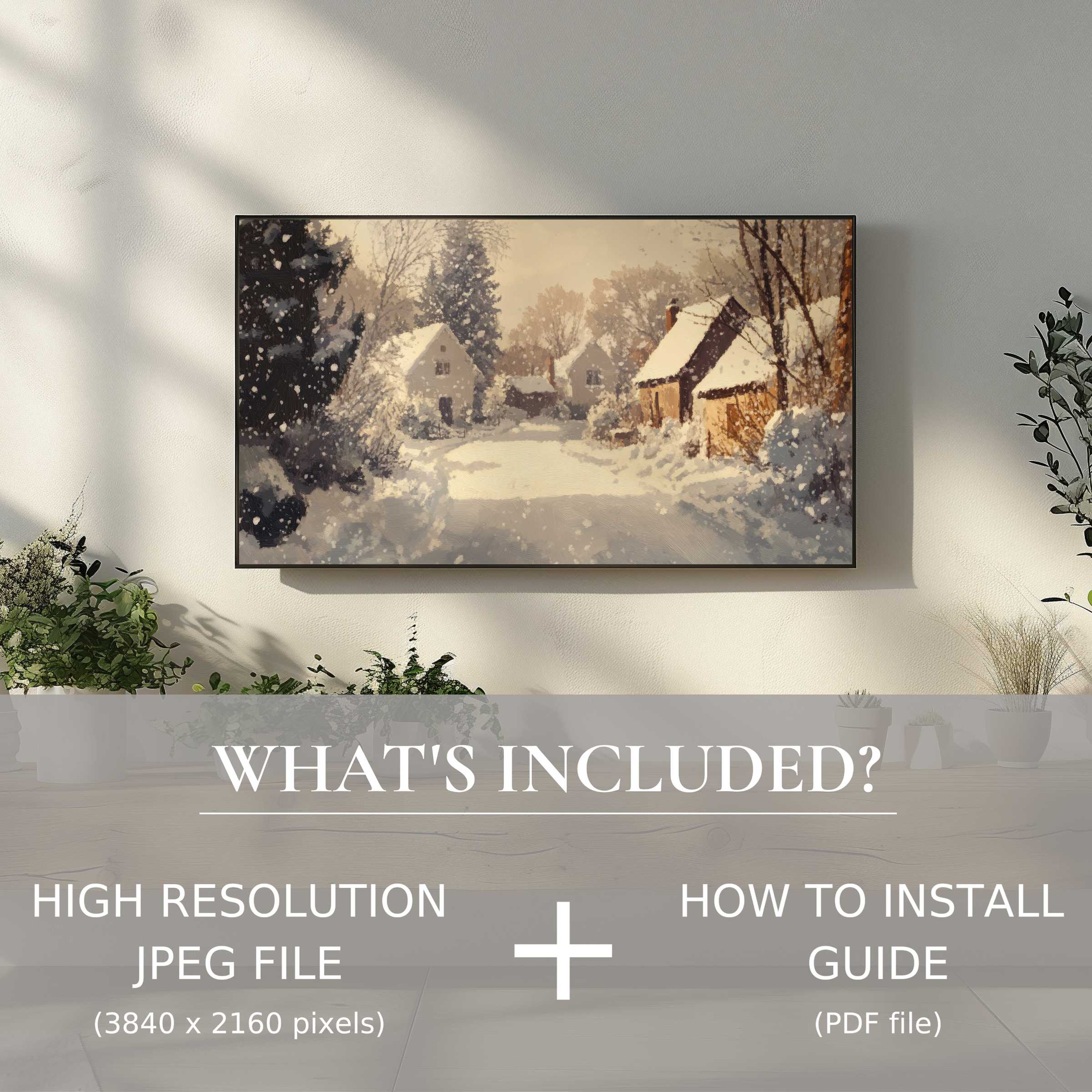 Elegant winter digital TV art download enhancing chic living spaces with easy digital use and subtle snowy village charm