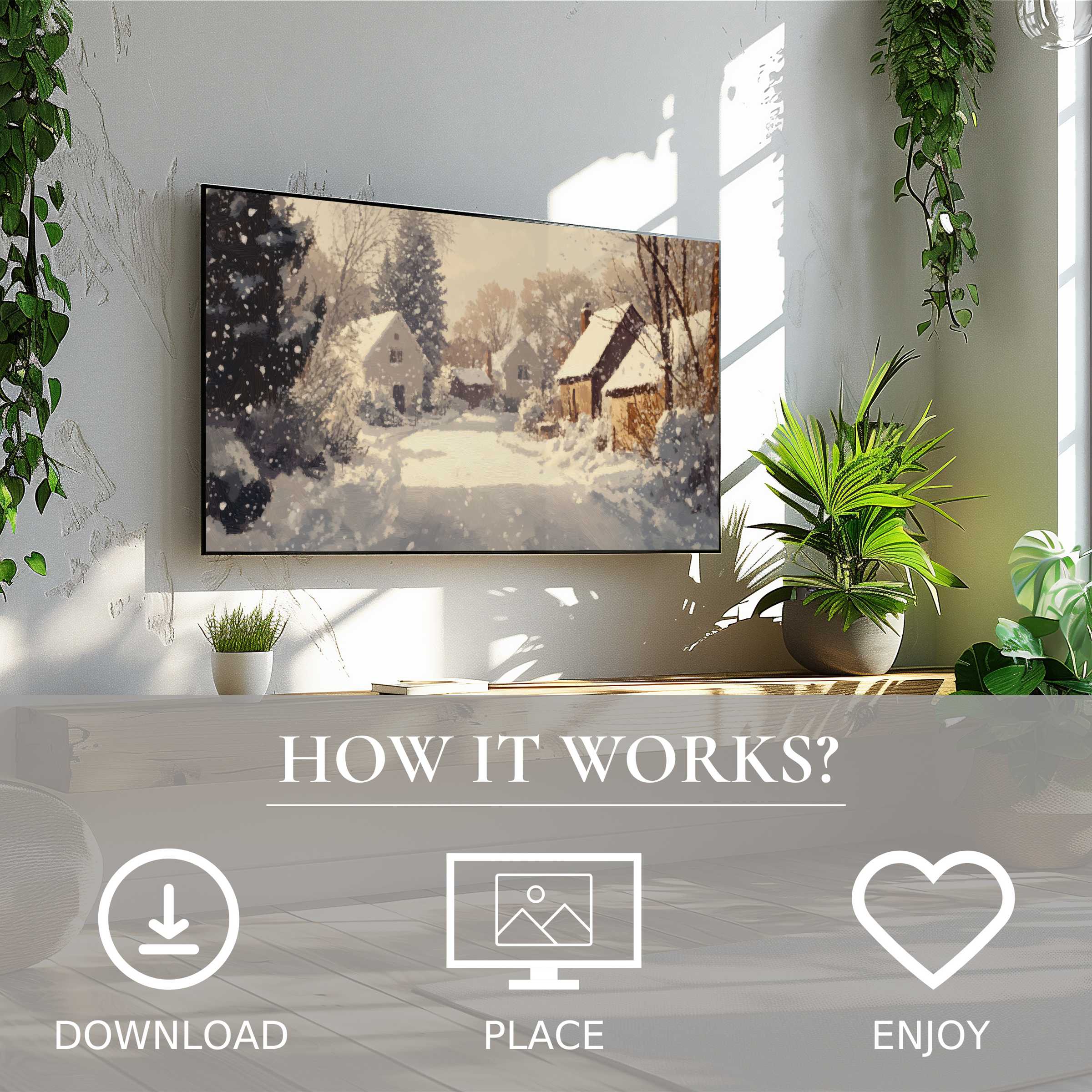 Cozy winter art for Samsung TV showing soft snowy village tones, easy digital download enriching modern living spaces
