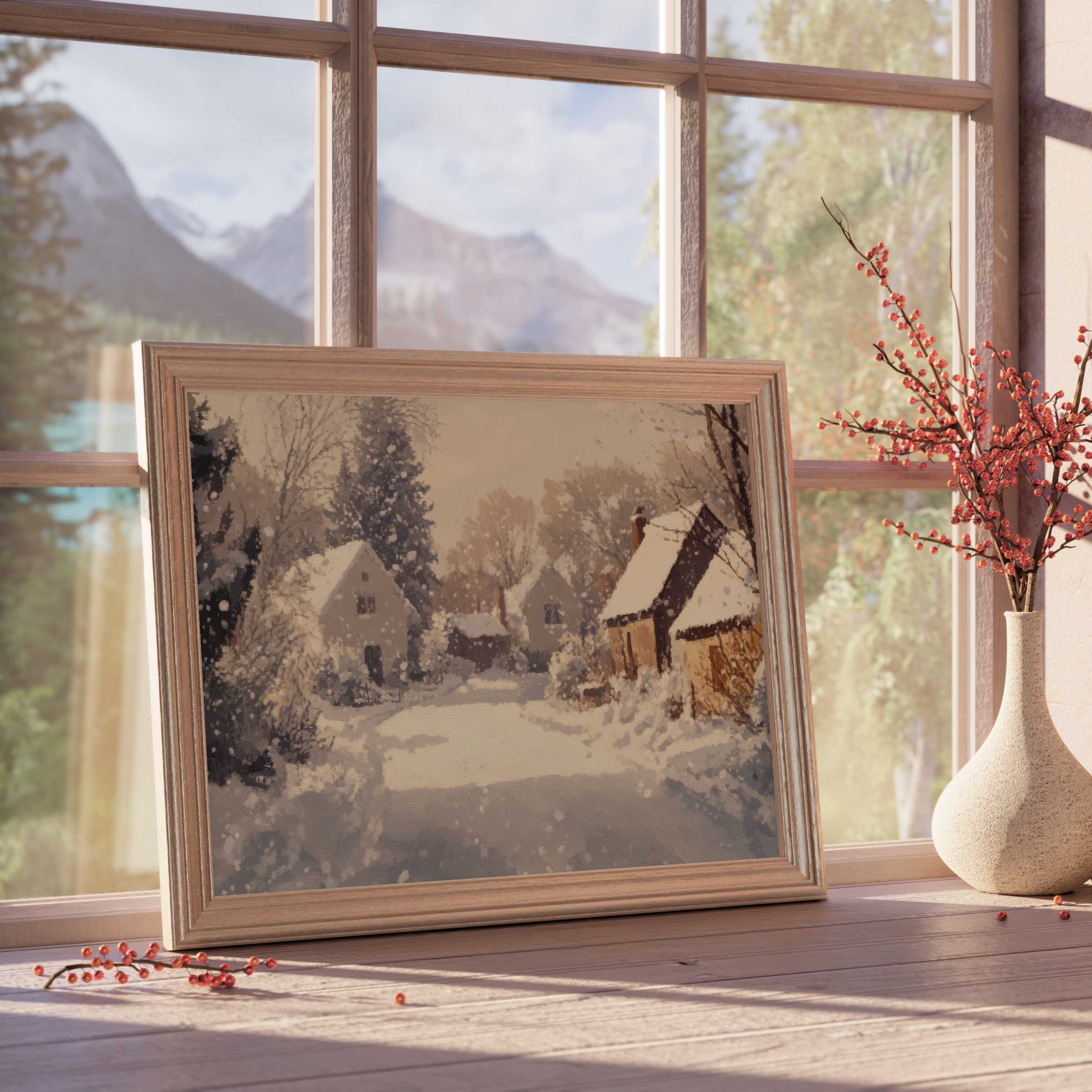 Winter downloadable art evoking serene snowfall over cozy cottages, perfect for curated, tranquil, design-forward interiors
