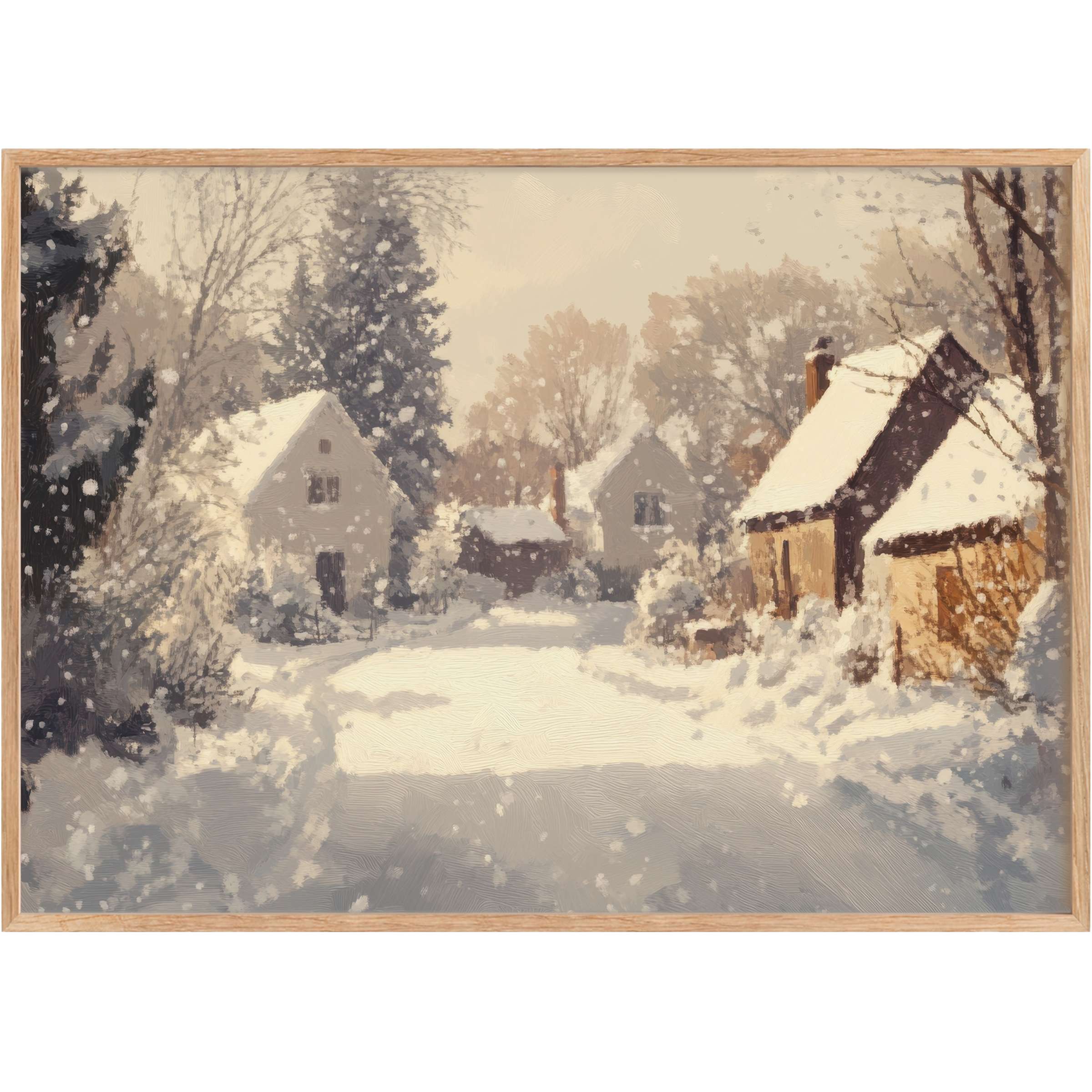 Winter printable wall art capturing a serene snowfall over cozy cottages, evoking warmth with soft creams and muted browns