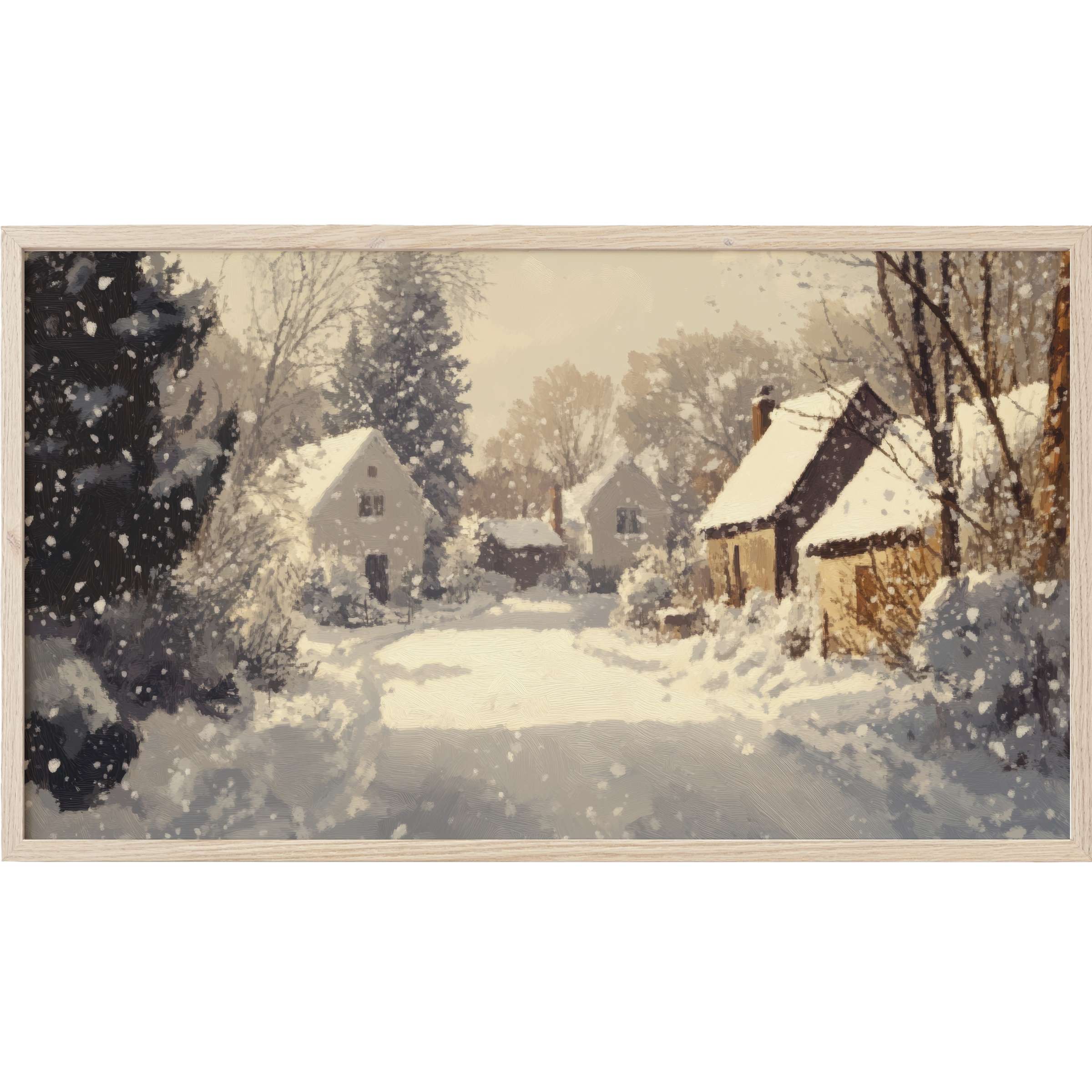 Winter Frame TV Art depicts a serene snowy village scene in muted tones with soft, textured brushwork