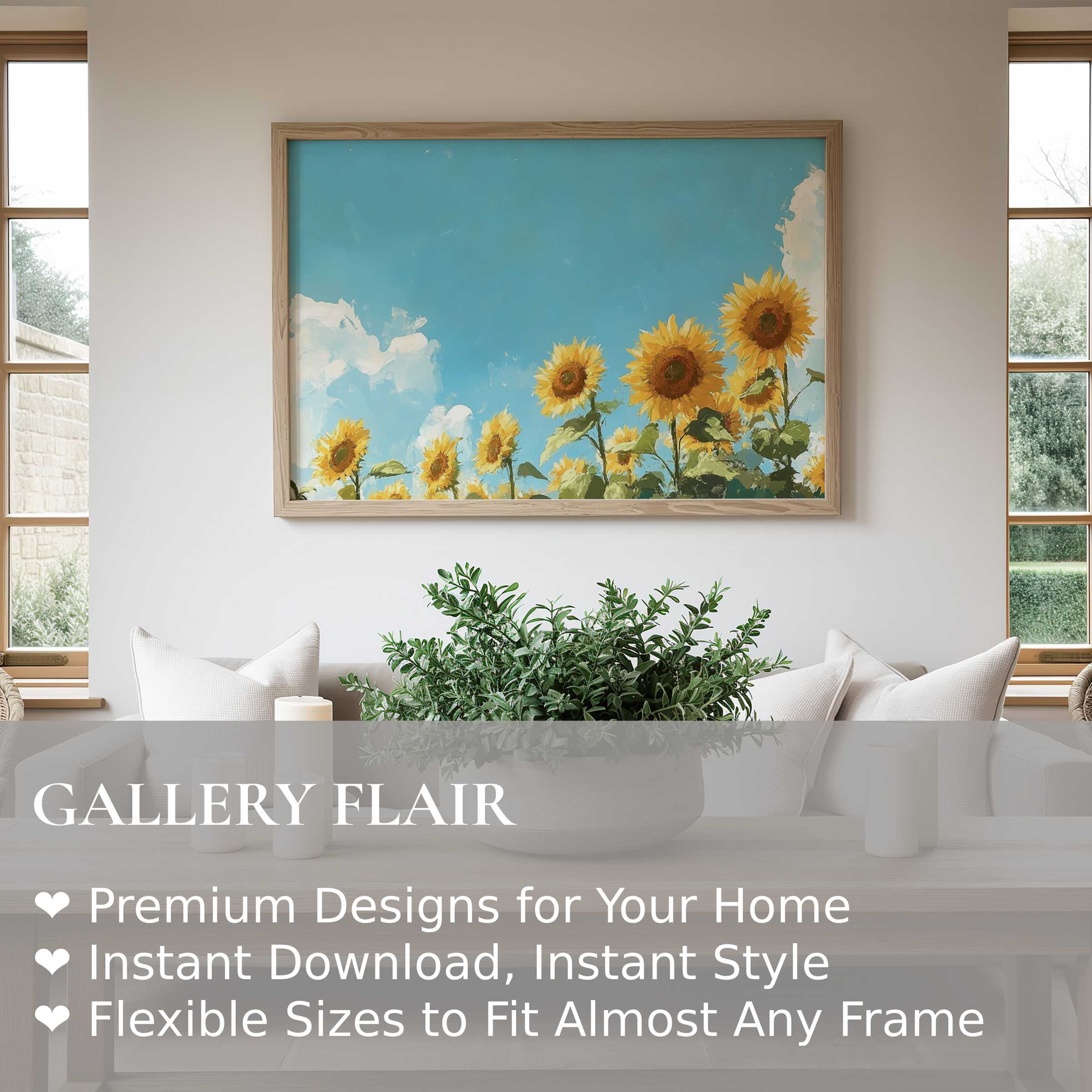 Radiant spring wall art print featuring vibrant sunflowers under a bright blue sky, enhancing modern minimalist living spaces