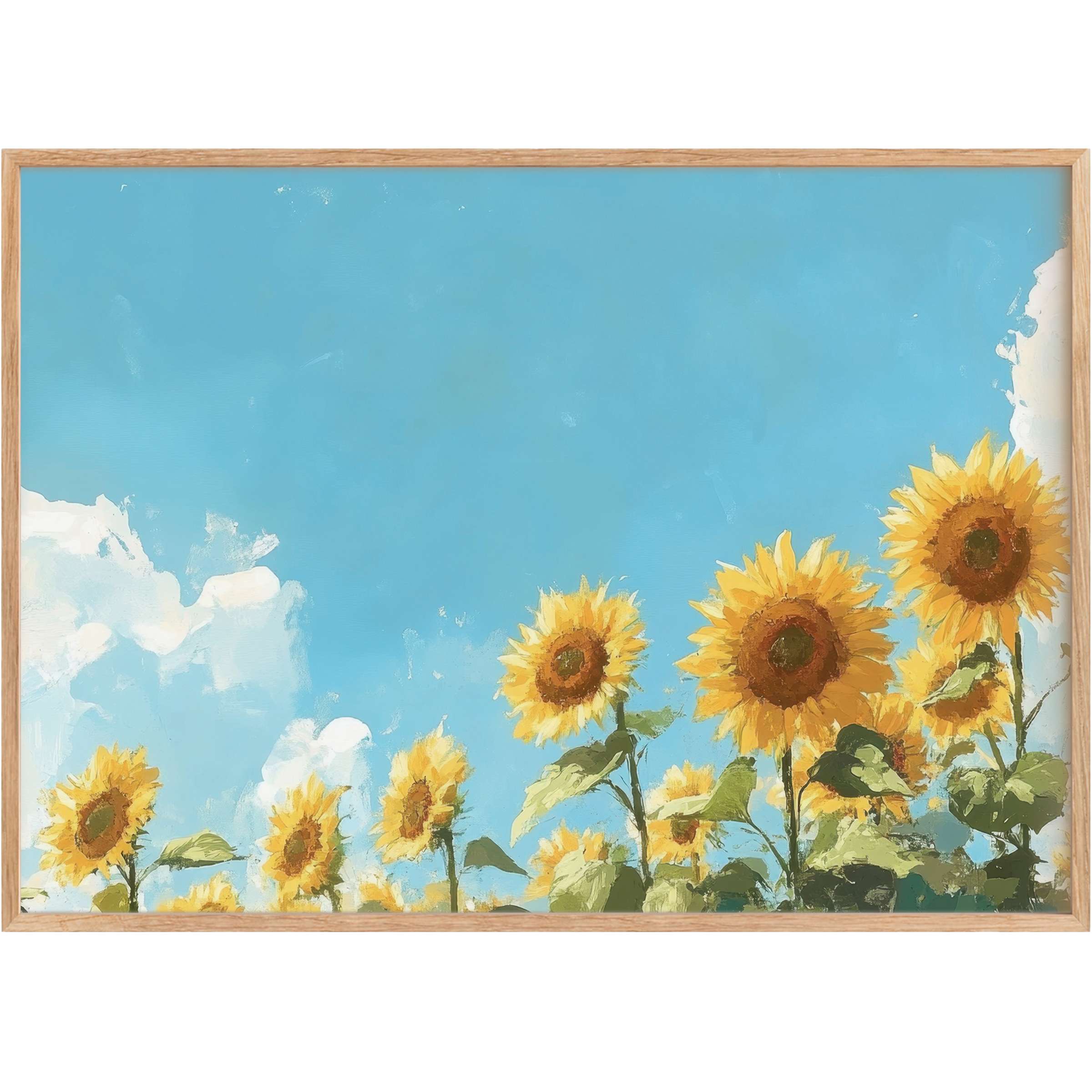 Vibrant spring printable wall art featuring golden sunflowers under a serene blue sky, evoking warmth and uplifting elegance