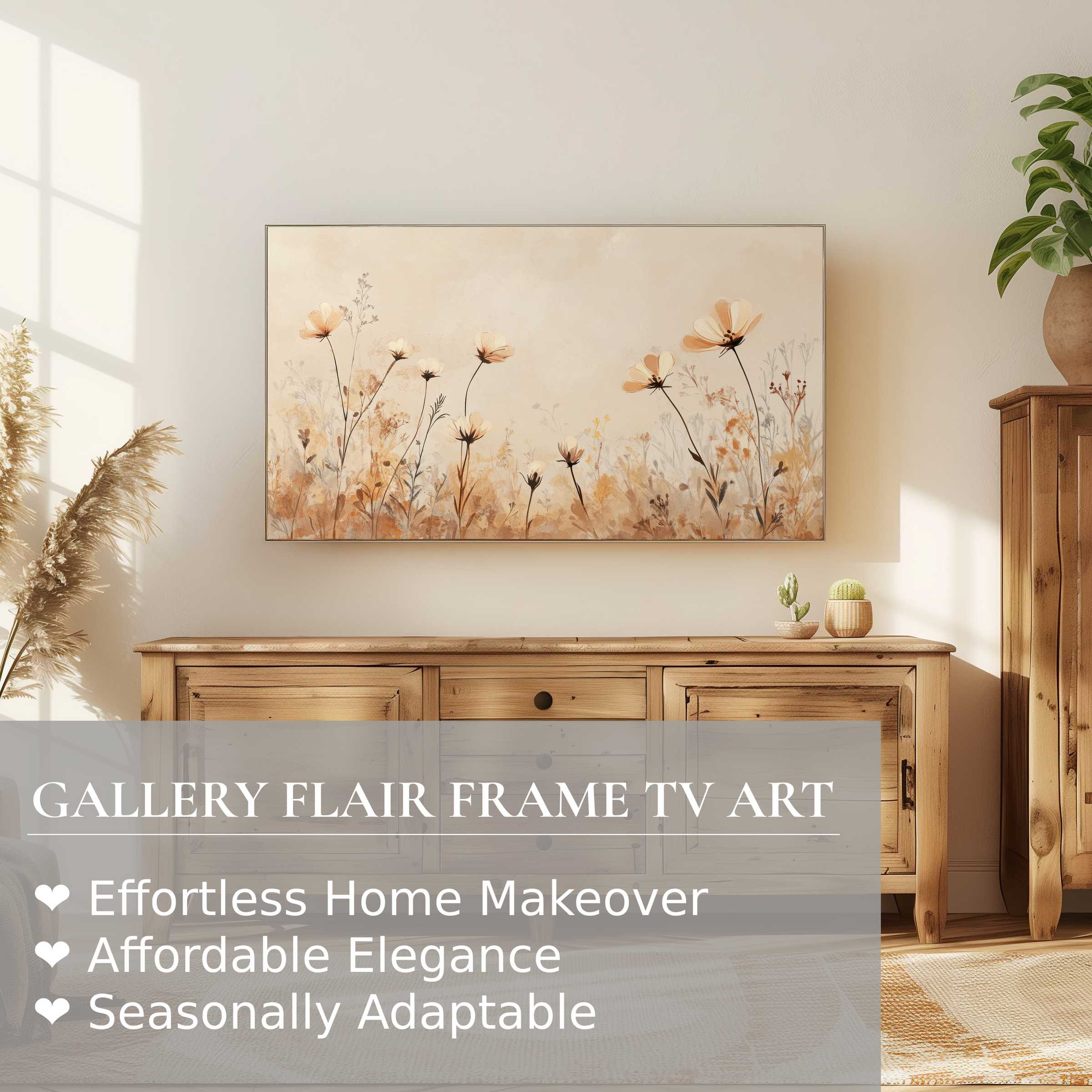Samsung Frame TV displays refined boho digital artwork with soft florals in a warm, inviting modern living space