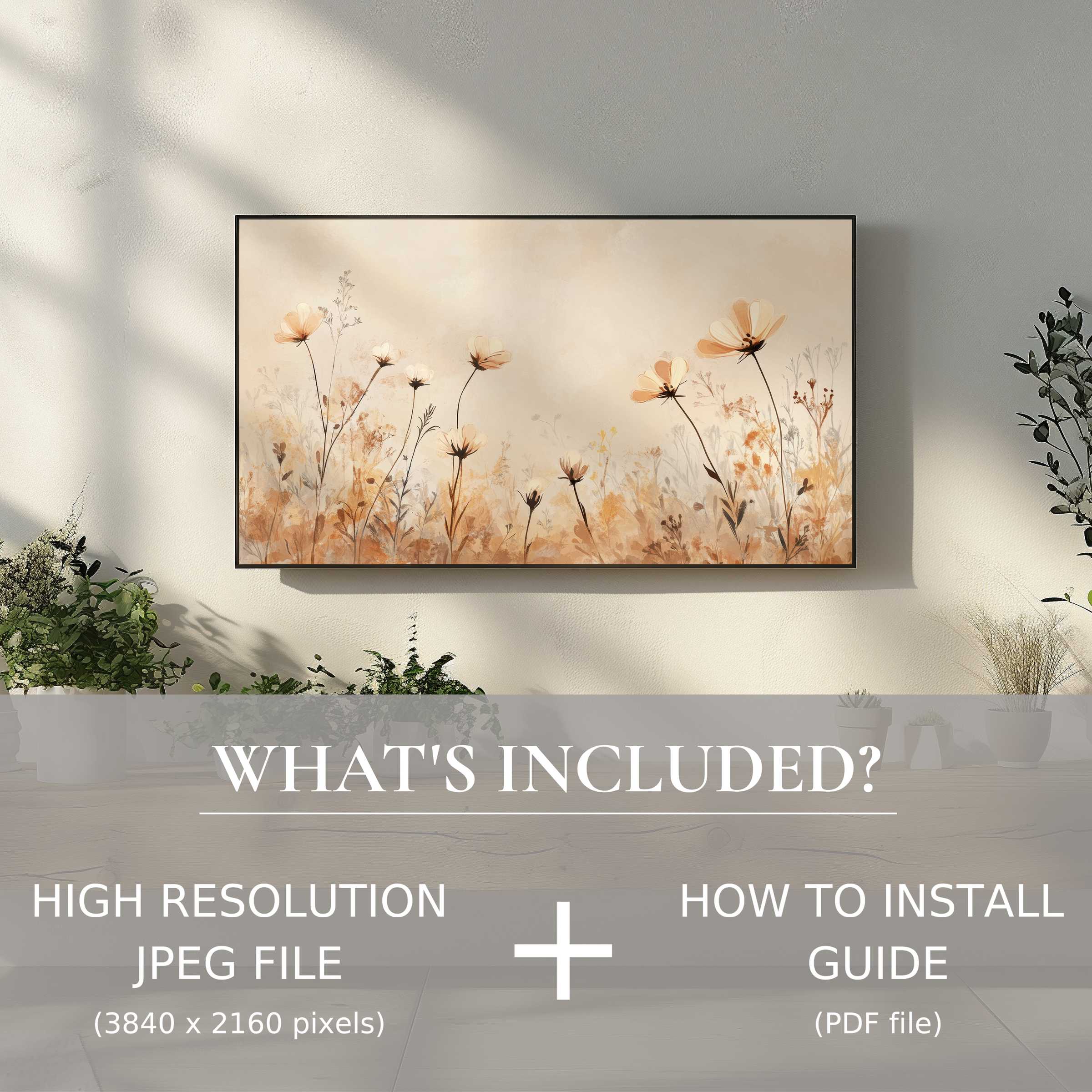 Elegant boho digital TV art download of soft floral design, easily elevates living spaces with instant digital use