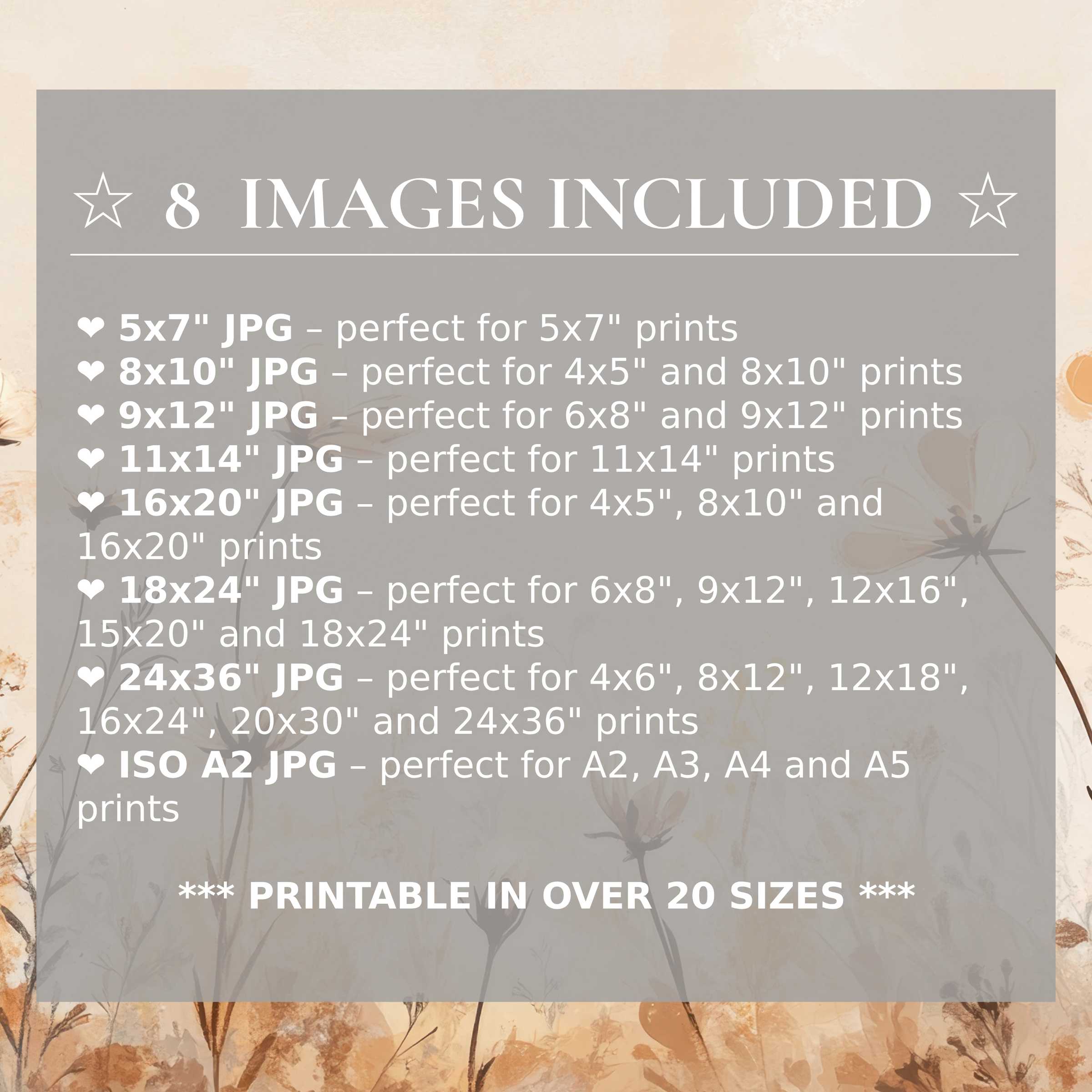 Boho digital print radiates warm earth tones and soft neutrals, offering calming elegance in 8 included high-quality sizes