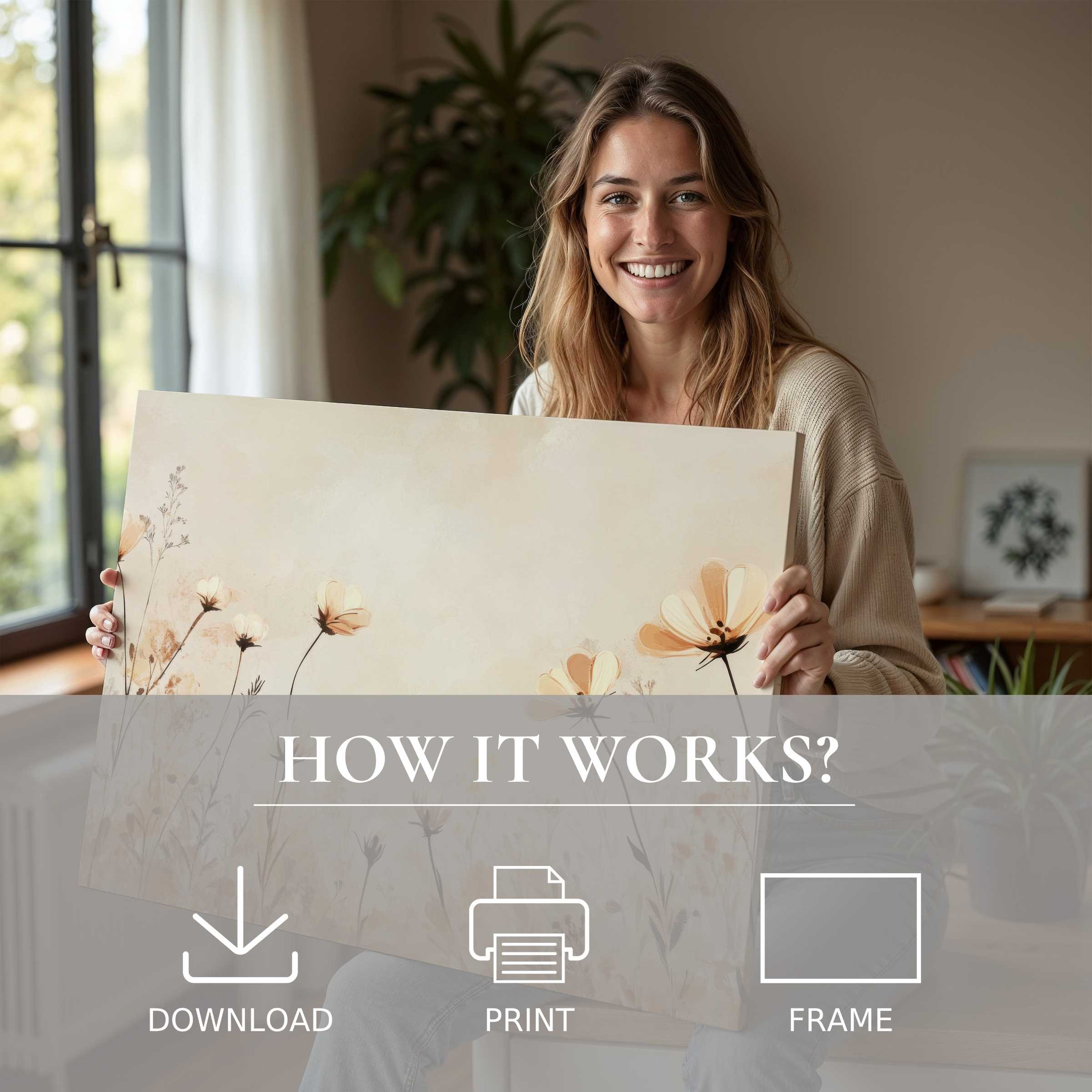 Radiant woman sharing a warm moment with a boho digital art print, inviting serene beauty into modern living spaces