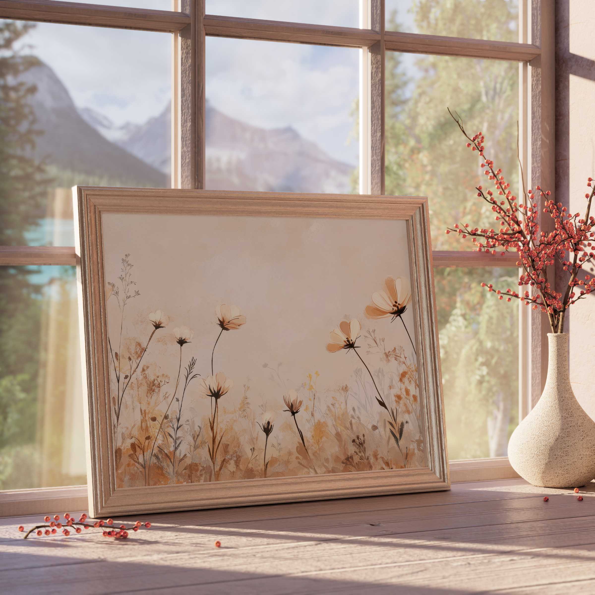 Boho downloadable art featuring delicate wildflowers in warm neutrals, elevating serene, curated interiors with timeless, nature-inspired elegance