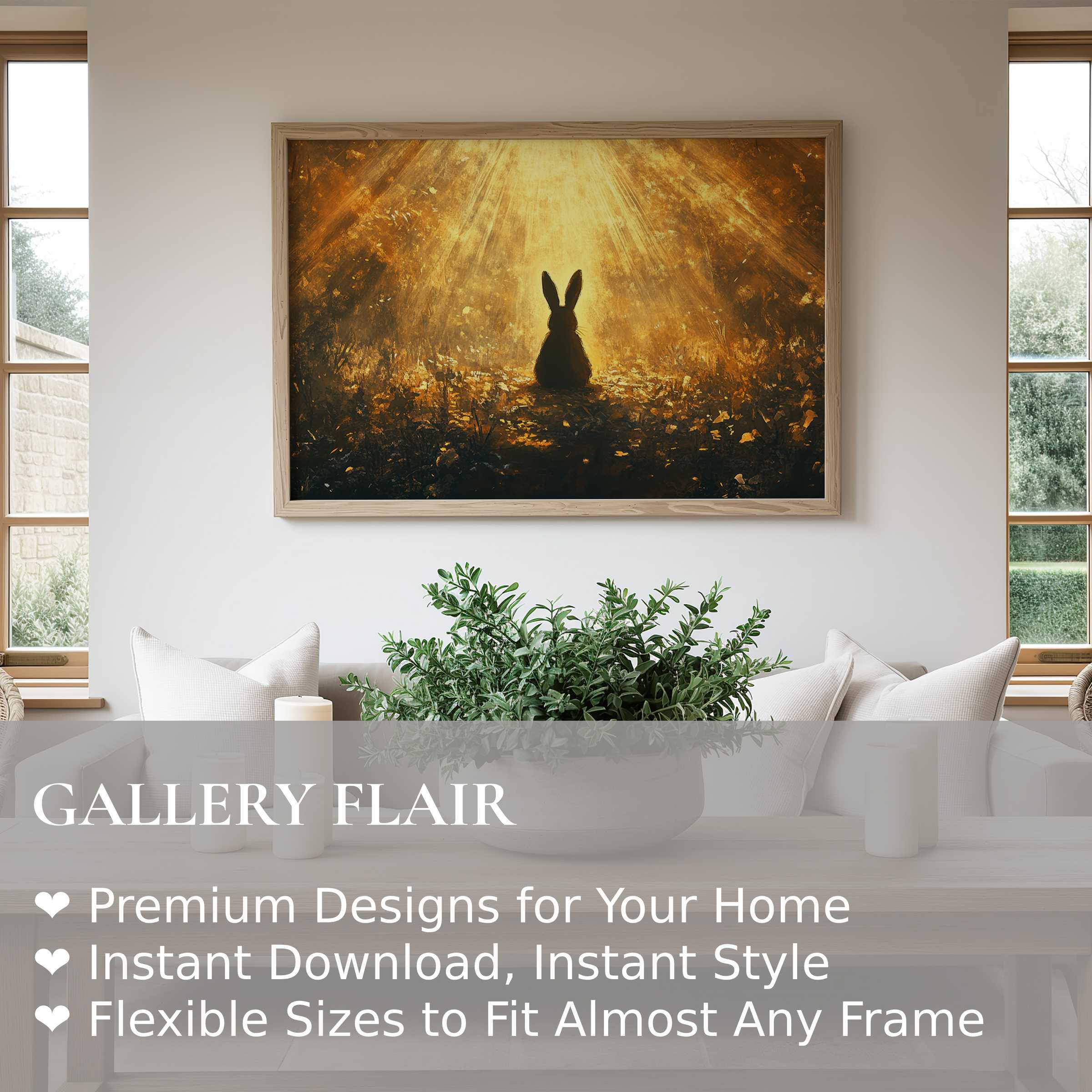 Easter wall art print featuring a radiant silhouette of a bunny bathed in golden light, enhancing warm, modern minimalist interiors with serene, nature-inspired charm