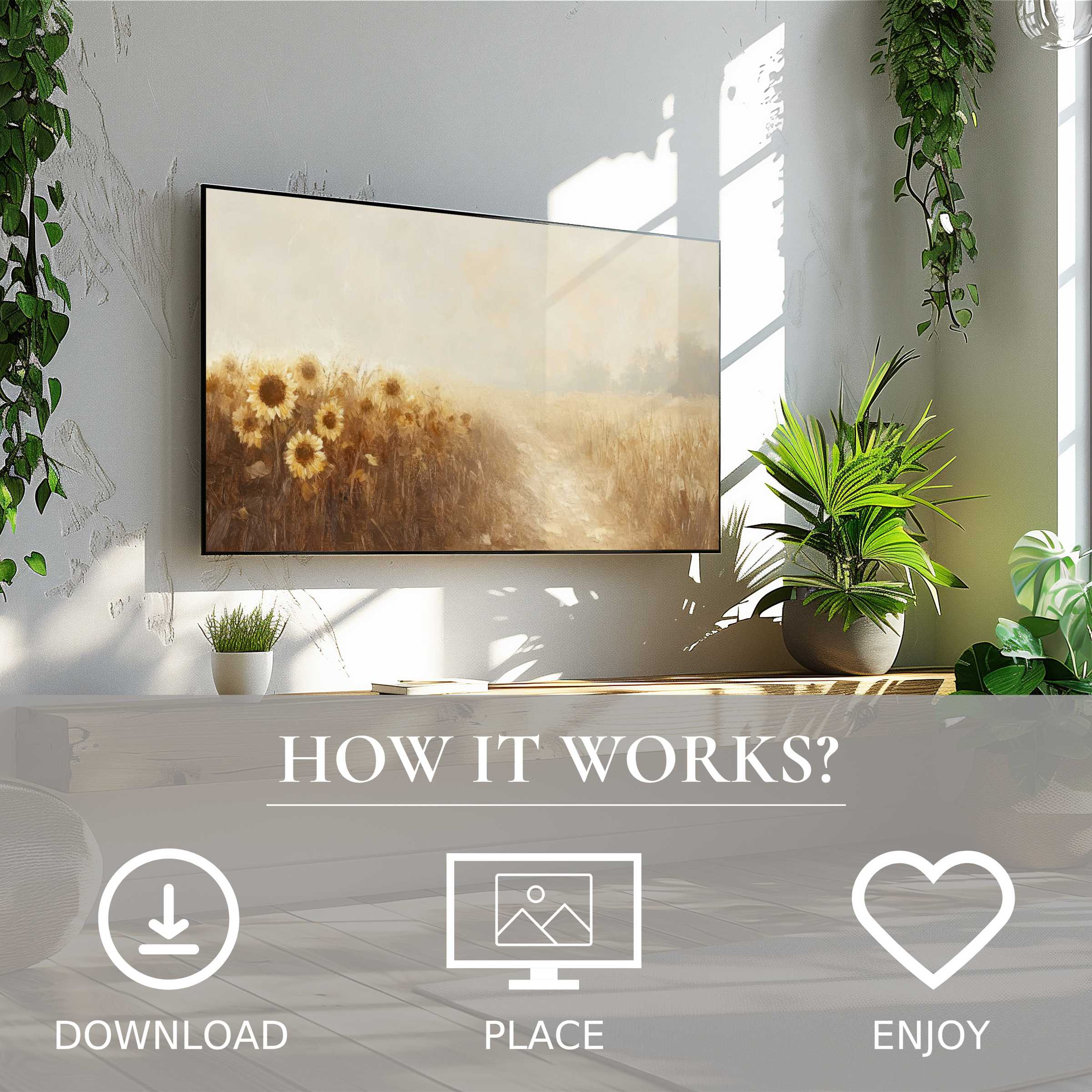 Fall art for Samsung TV with soft golden hues on The Frame, easy digital download enriches your modern living space