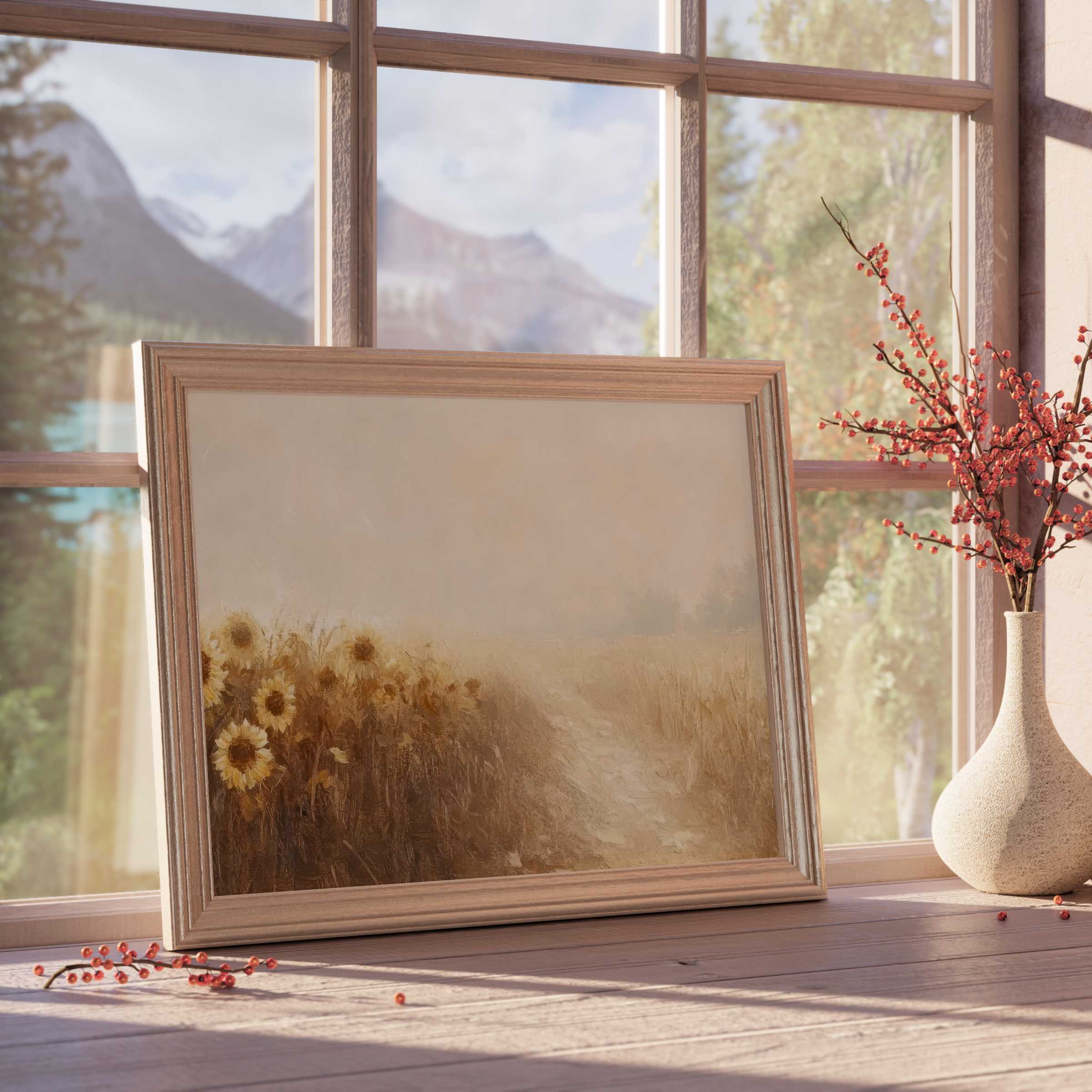 Fall downloadable art featuring a serene sunflower field at dawn, evoking warm, tranquil vibes for chic, nature-inspired interiors