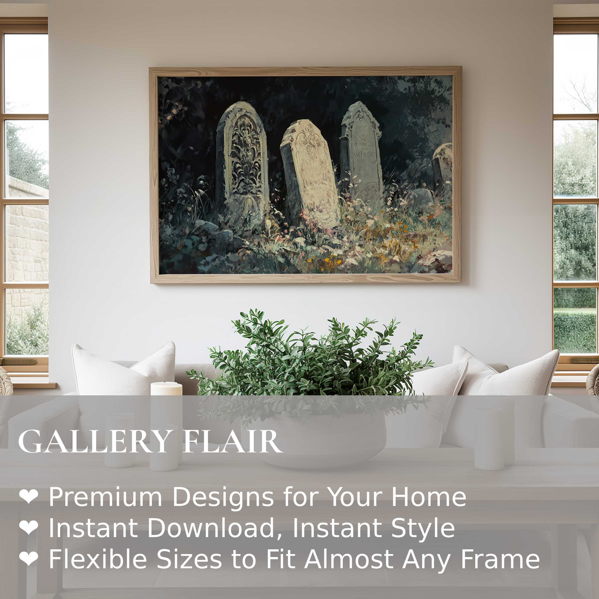 Eerie yet elegant halloween wall art print depicting weathered tombstones in muted tones, enhancing modern minimalist interiors with a hauntingly serene vibe