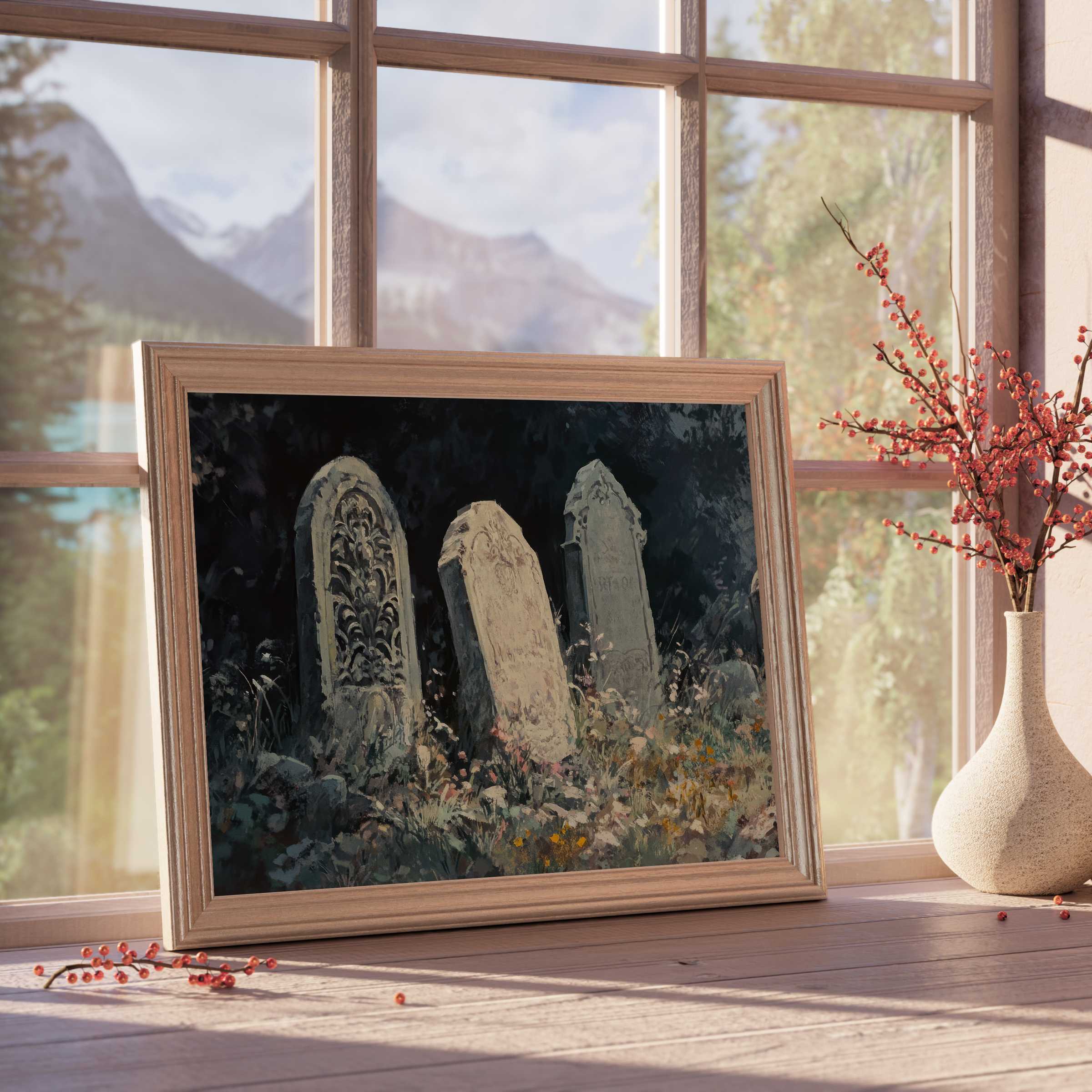 Halloween downloadable art featuring vintage tombstones bathed in moody twilight, enhancing curated, tranquil interiors with timeless elegance