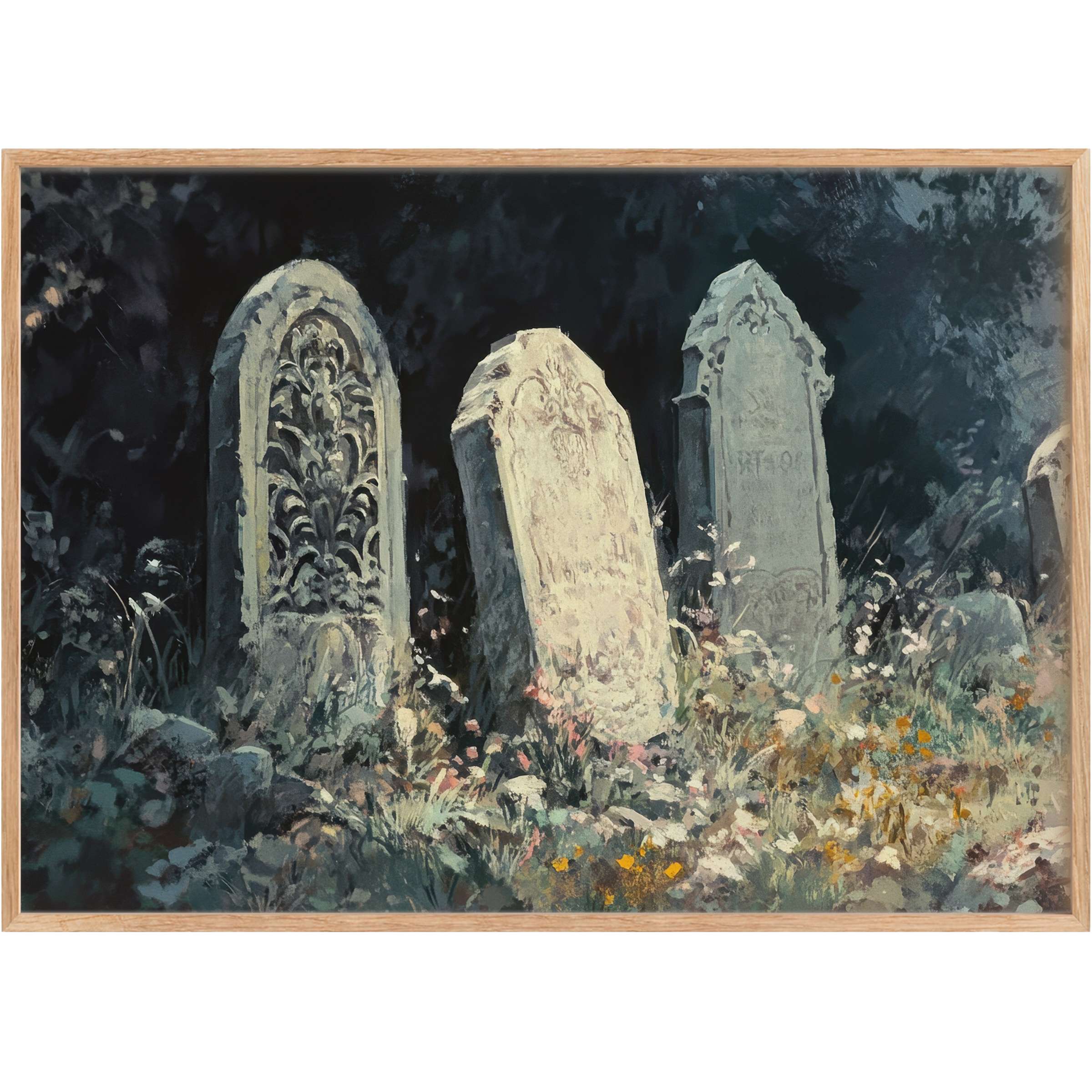 Hauntingly elegant halloween printable wall art featuring weathered gravestones amid soft wildflowers, evoking a serene, mysterious twilight ambiance