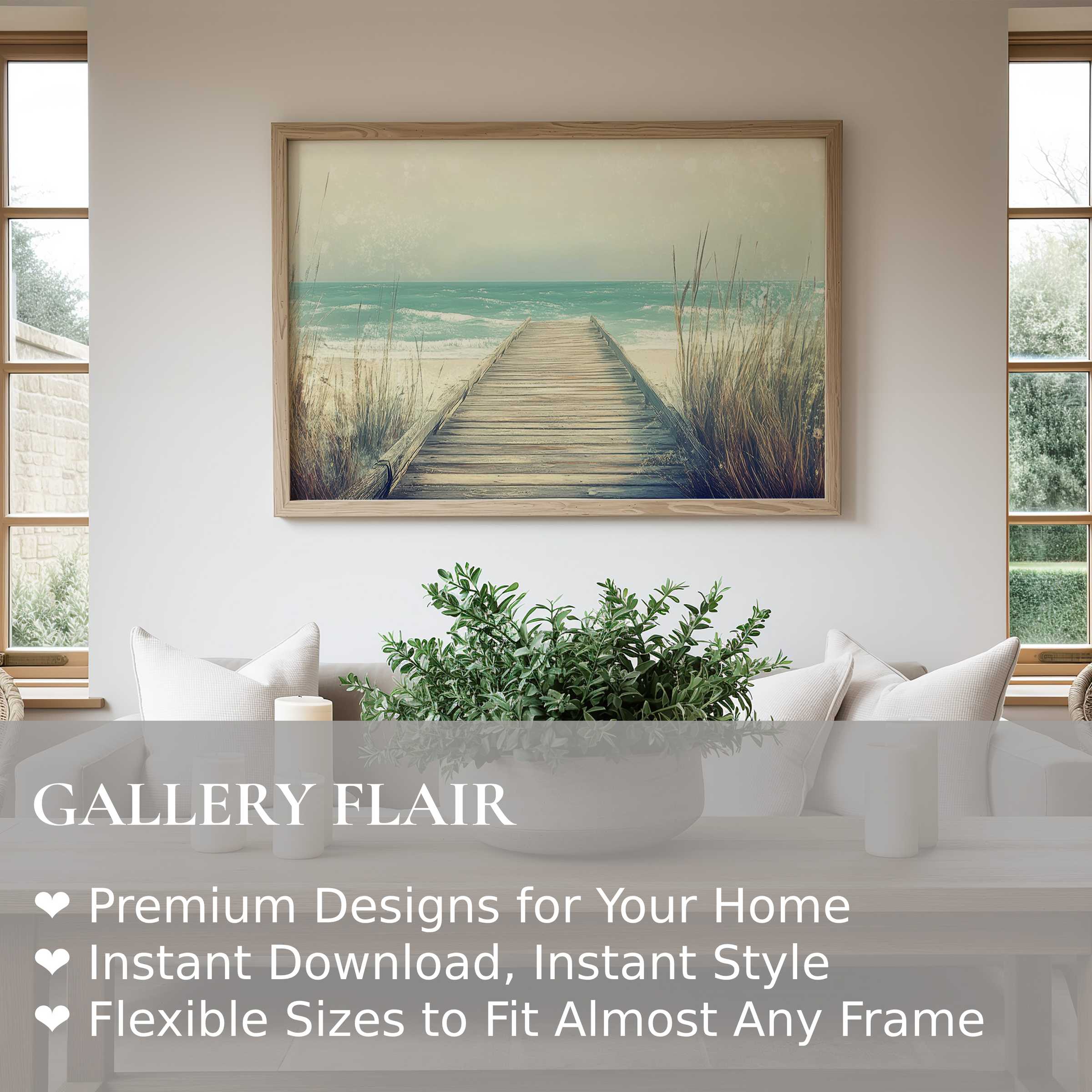 Serene beach wall art print featuring a weathered boardwalk leading to turquoise waves, enhancing modern coastal interiors with calm elegance