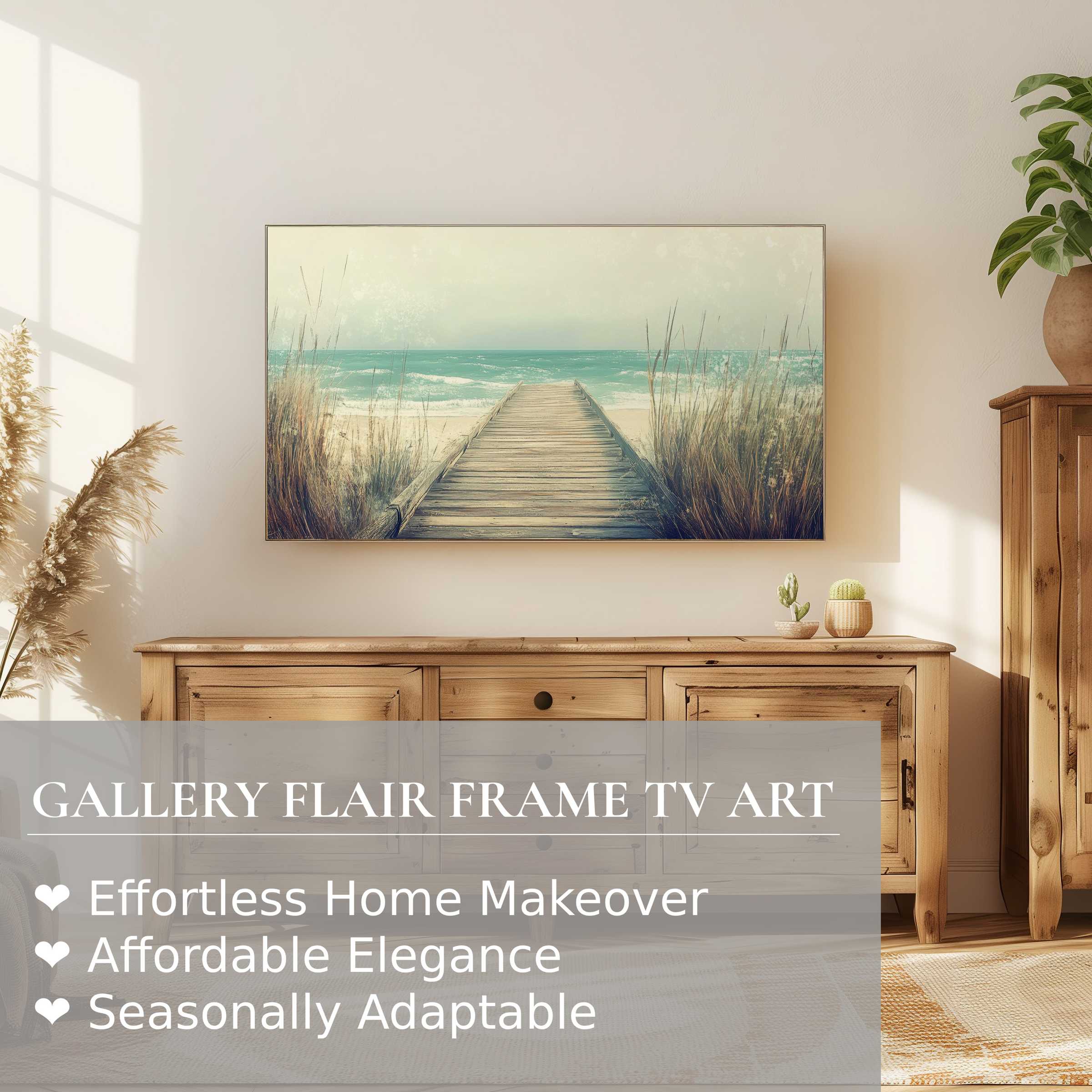 Samsung Frame TV displays serene beach digital artwork with soft tones and refined coastal ambiance