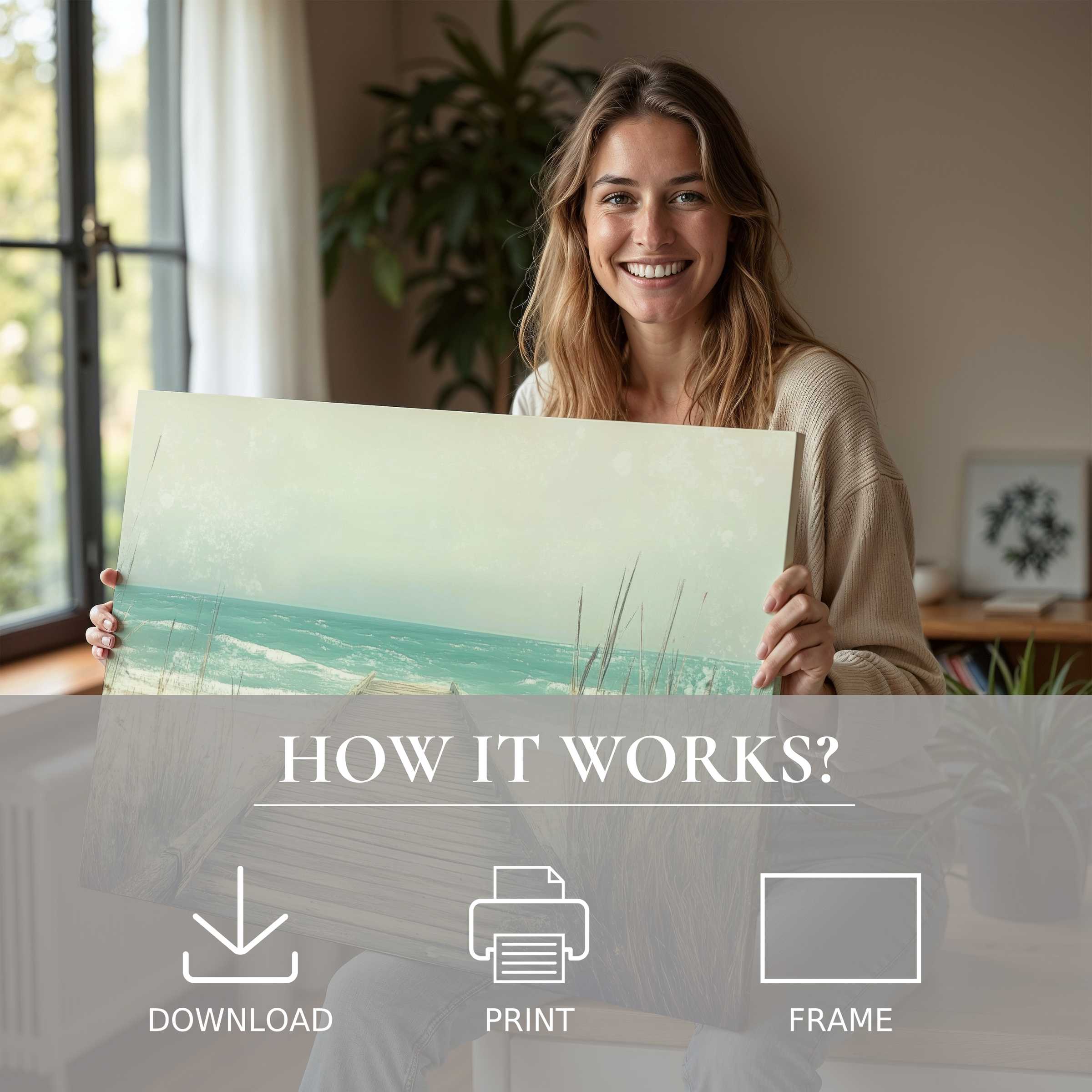 Contemporary beach digital art print embraced in a sunlit, stylish home, evoking serene joy and effortless elegance