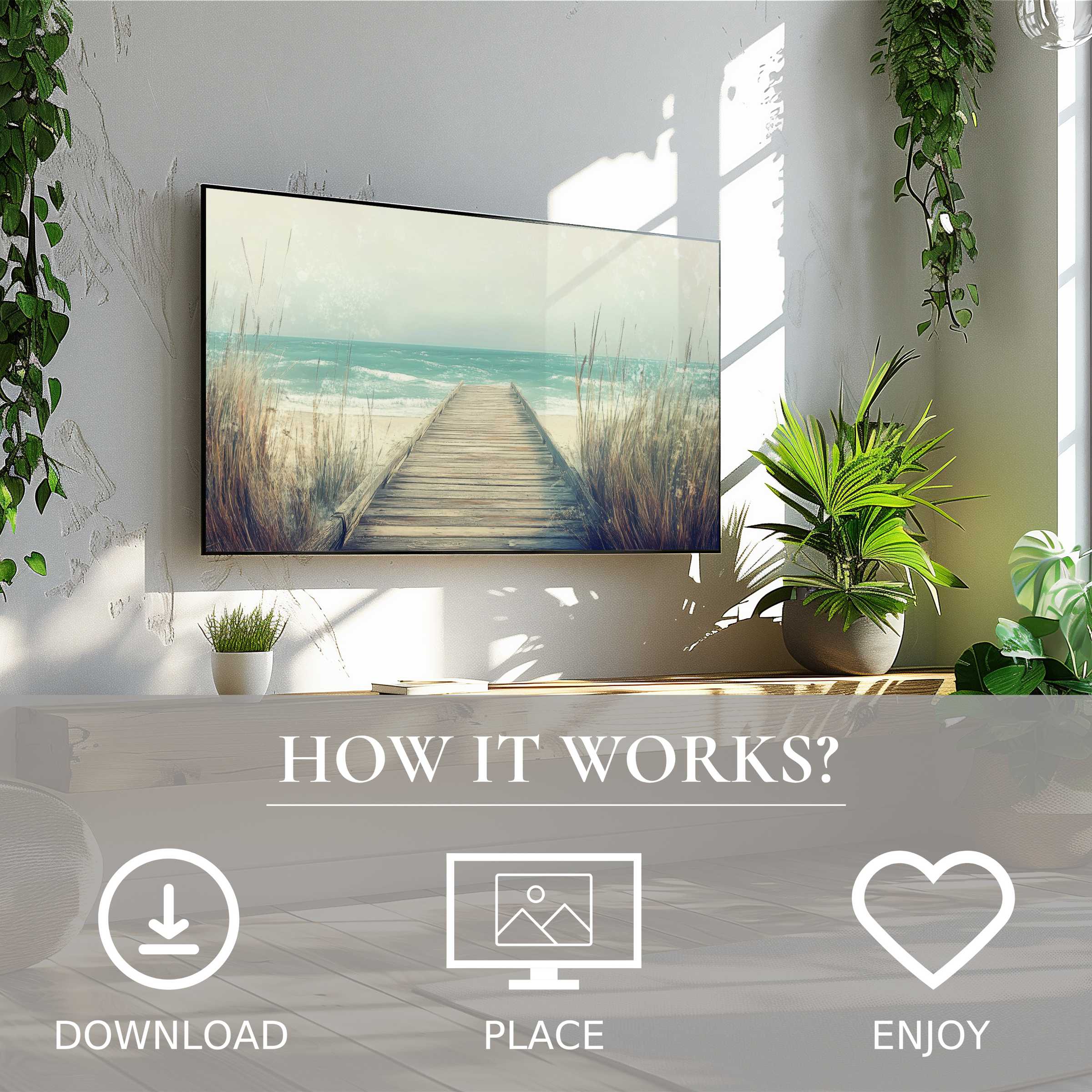 Modern living room with beach art for Samsung TV, showcasing soft coastal tones; easy digital download enhances decor