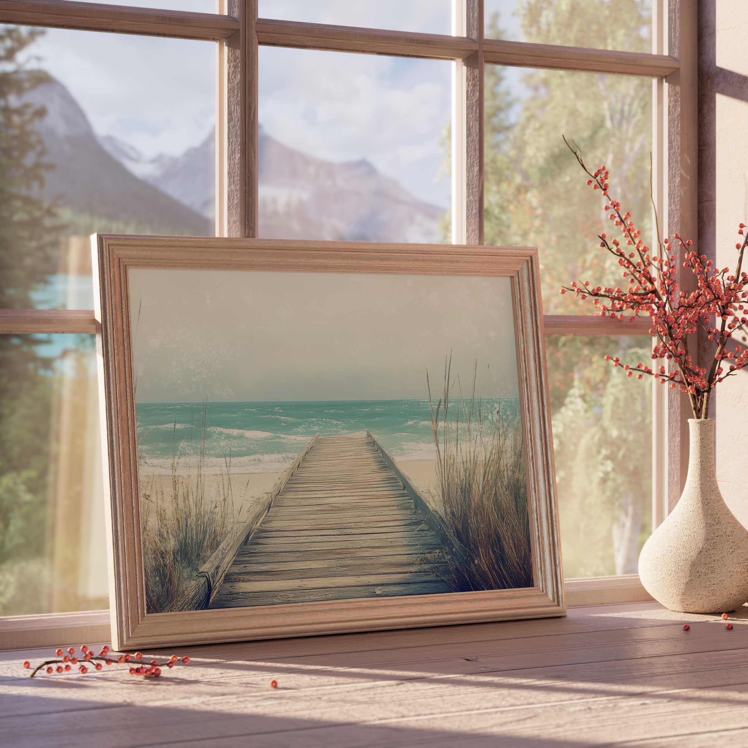Serene beach downloadable art featuring a weathered boardwalk to turquoise waves, elevating tranquil coastal vibes in curated modern interiors