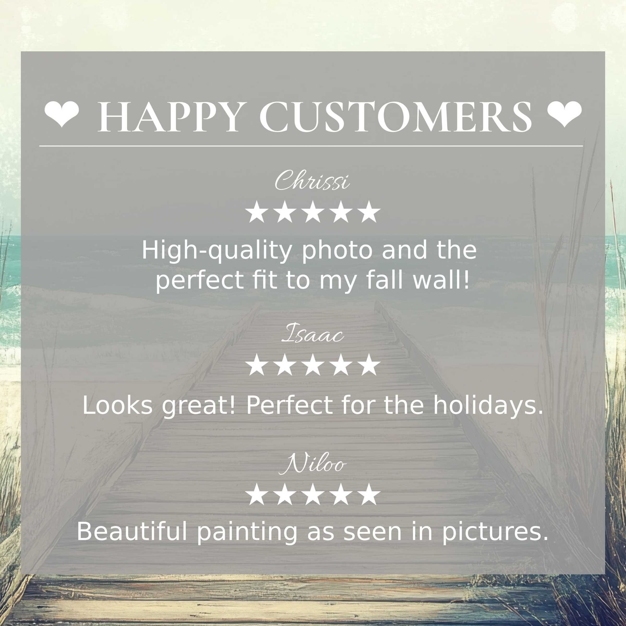 Beach art for Frame TV with abstract sunset hues and a pier, highlighting happy customer reviews and elegant style