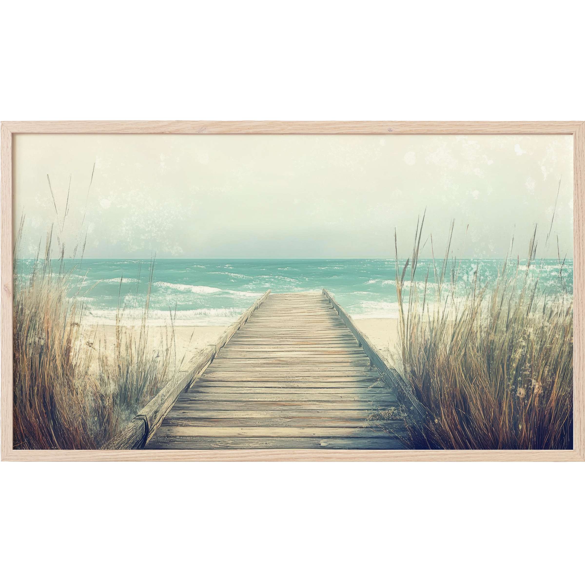 Serene boardwalk leading to aqua waves framed by golden beach grass, soft muted tones, beach Frame TV Art