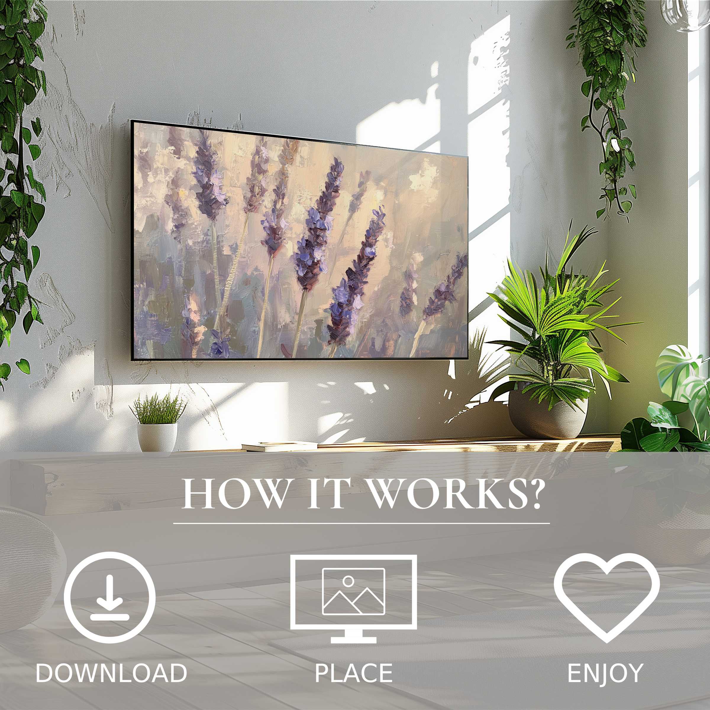 Modern botanical art for Samsung TV, soft lavender hues enrich your space with easy digital download and display