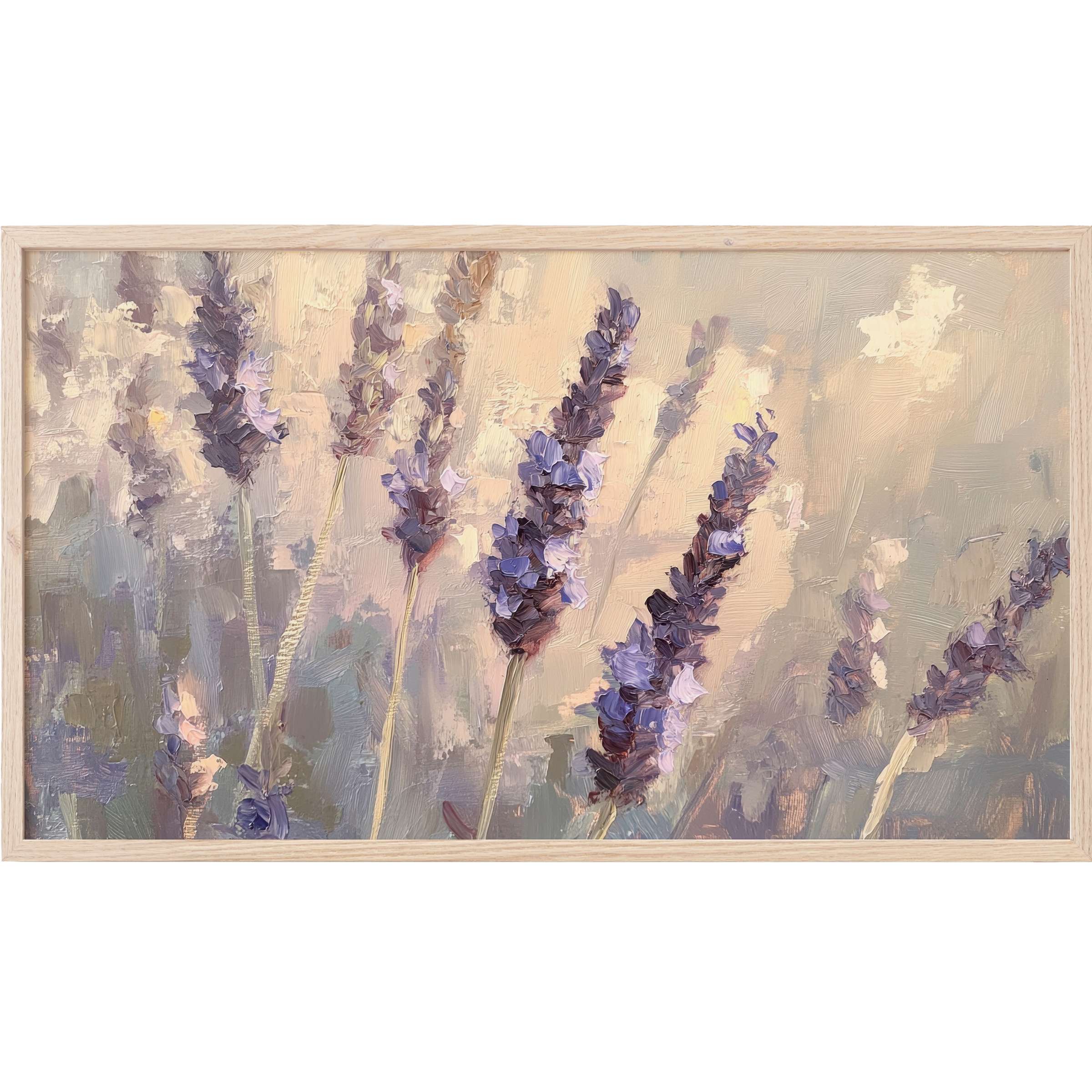 Soft lavender blooms in muted purples and creams, rendered in textured brushstrokes in botanical Frame TV Art