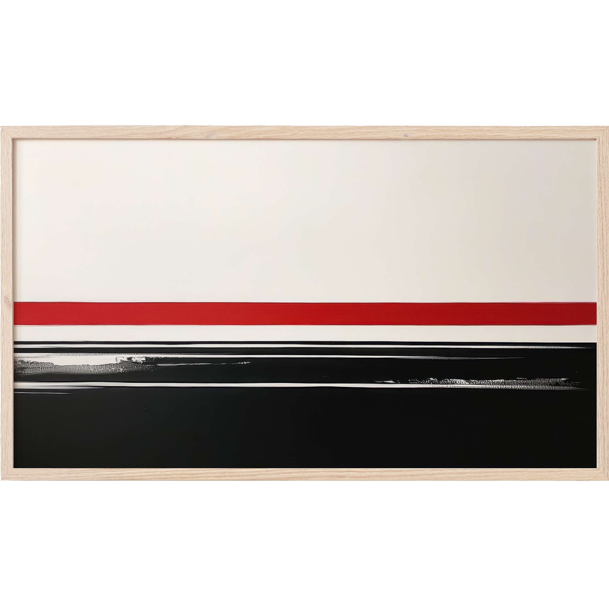 Minimalist modern Frame TV Art featuring bold black, white, and red horizontal bands in a sleek wood frame