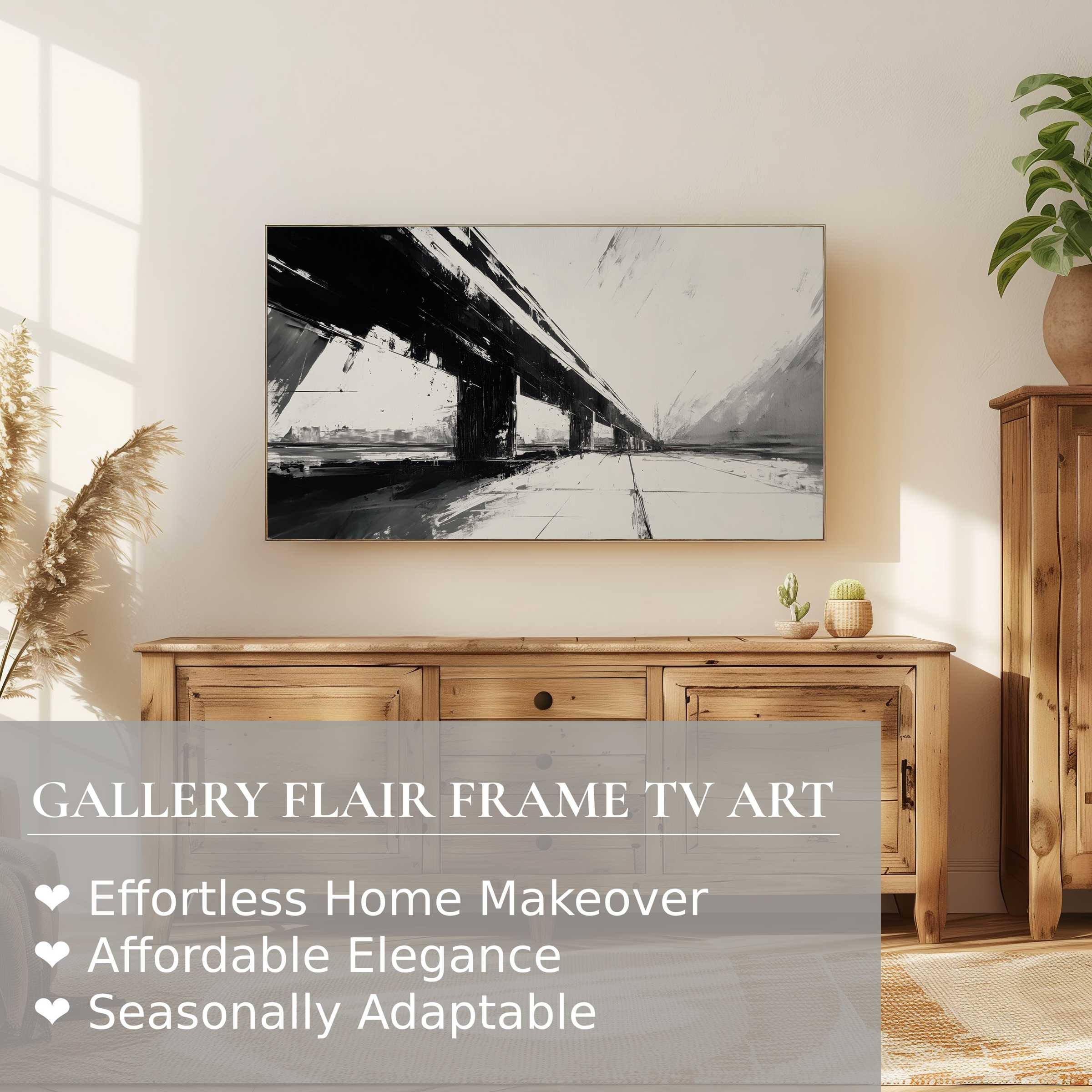 Samsung Frame TV displaying striking black and white digital artwork in a bright, elegant living space