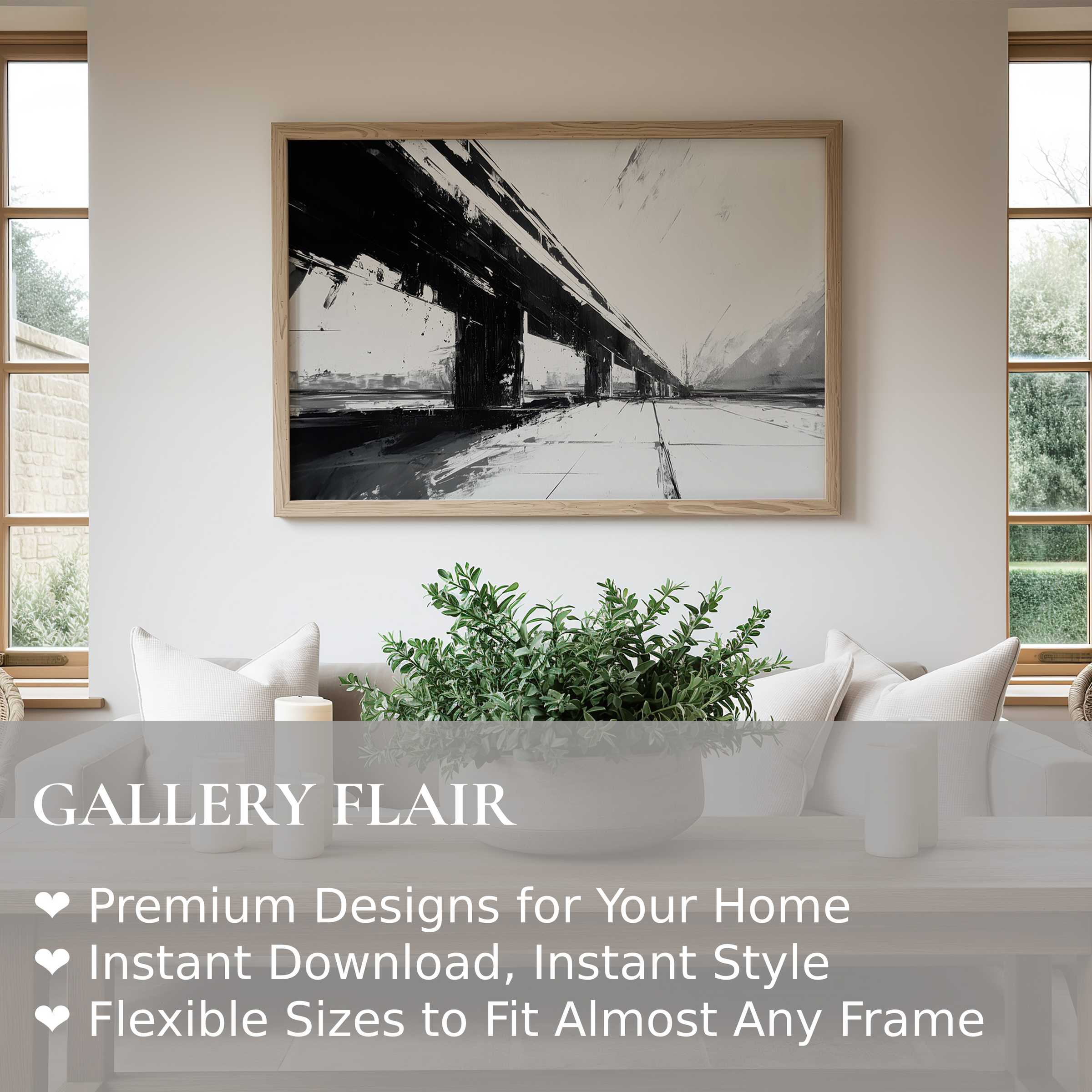 Black and white wall art print showcasing bold urban architecture in a sleek, minimalist living space-elevates modern decor with dynamic contrast