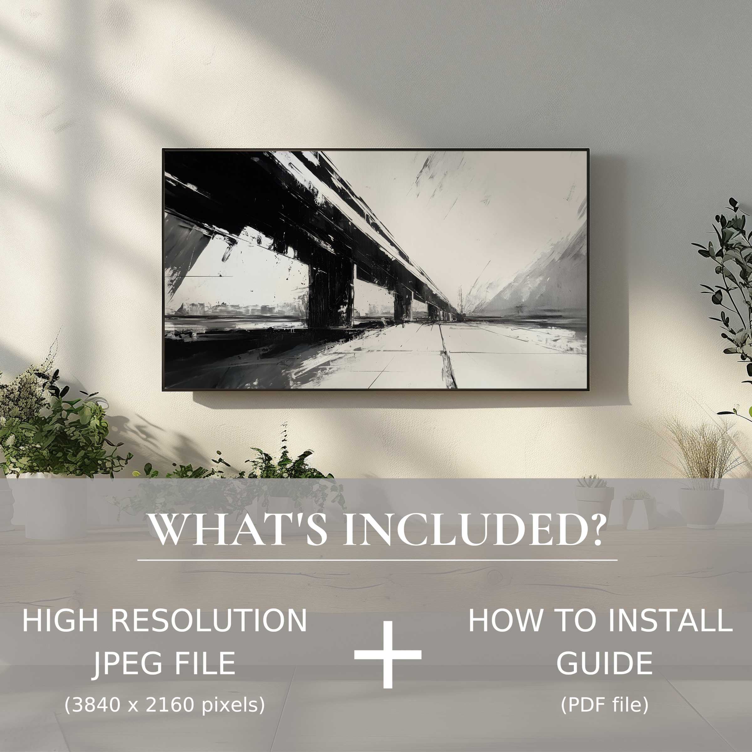 Elegant black and white digital TV art download enhances modern spaces with easy, stylish digital use and striking minimalist design