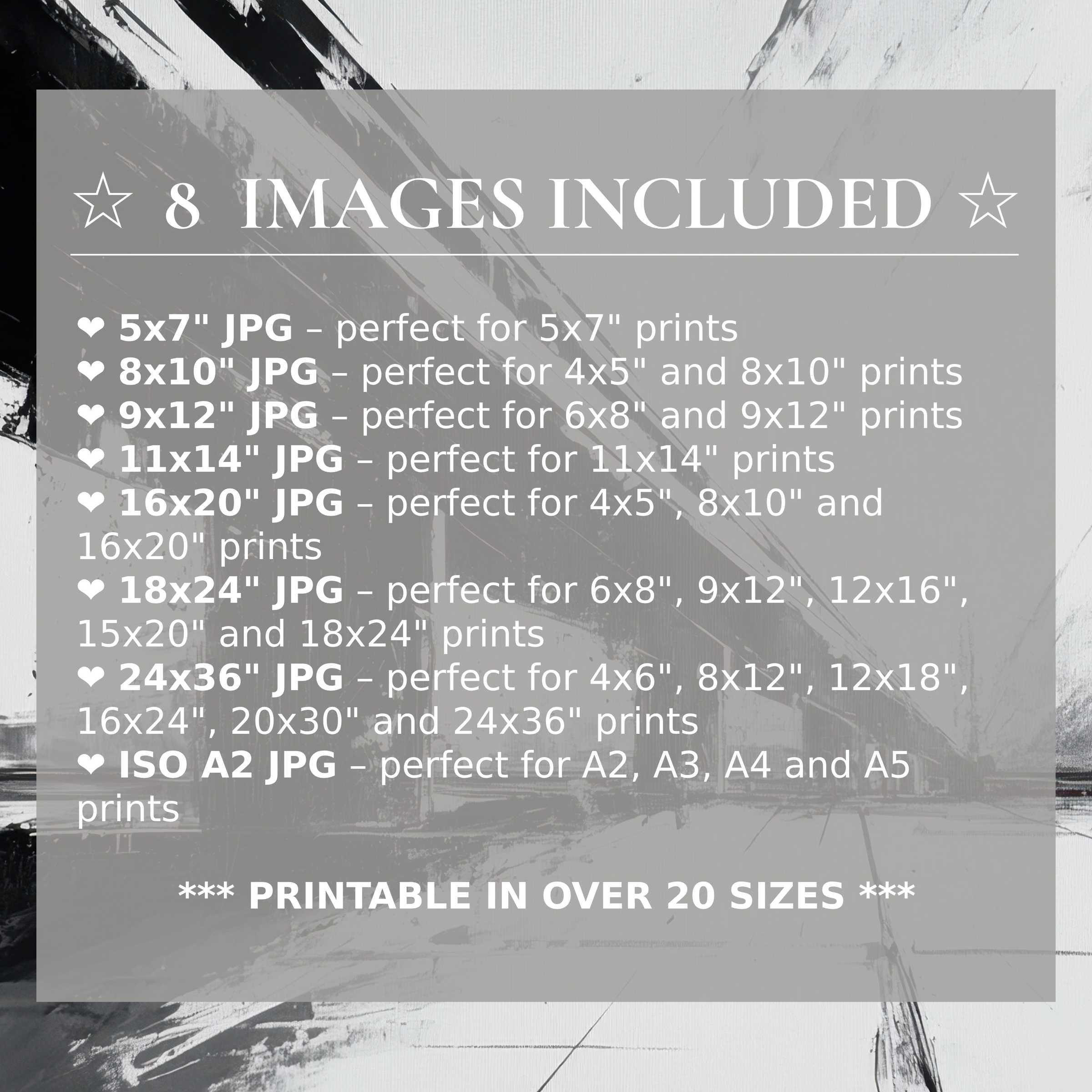 Black and white digital print radiates bold, dynamic contrast with 8 high-quality sizes included, enhancing modern interiors with versatile elegance