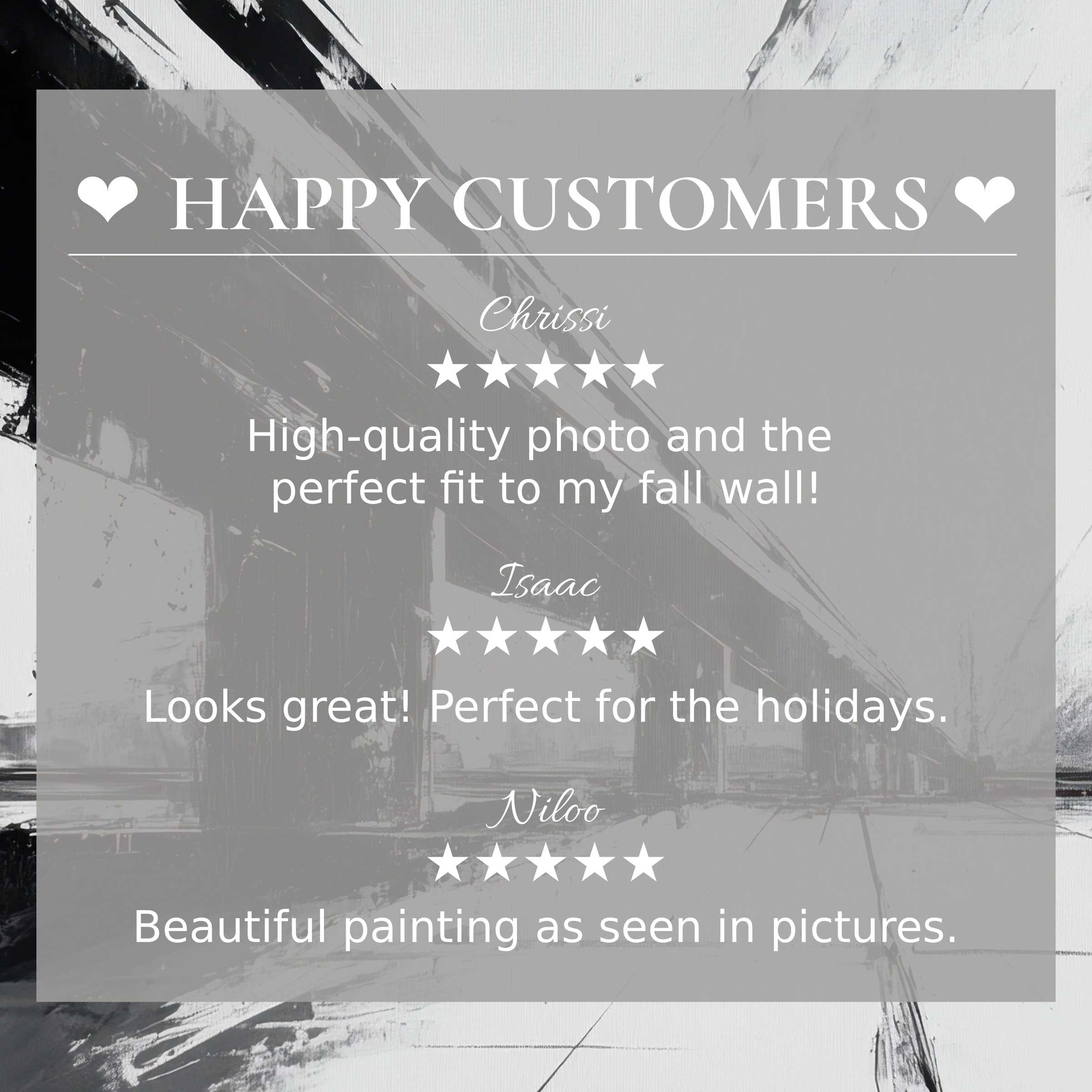 Black and white art for Frame TV with textured strokes; layout builds trust and highlights happy customer reviews