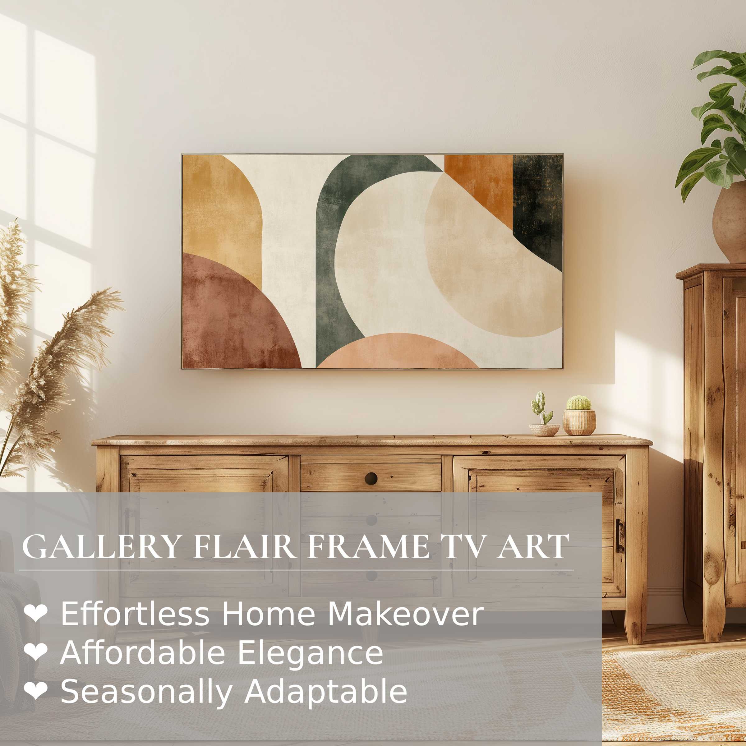 Modern living room with natural wood, Samsung Frame TV displaying warm abstract digital artwork in earthy tones