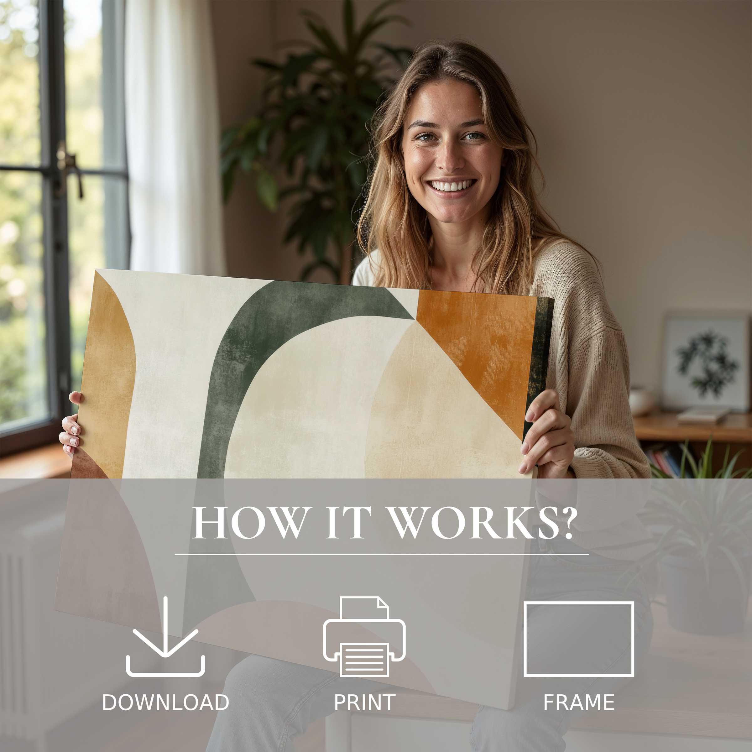 A serene moment of joy and connection as a woman reveals an abstract digital art print, embodying effortless elegance in modern home decor