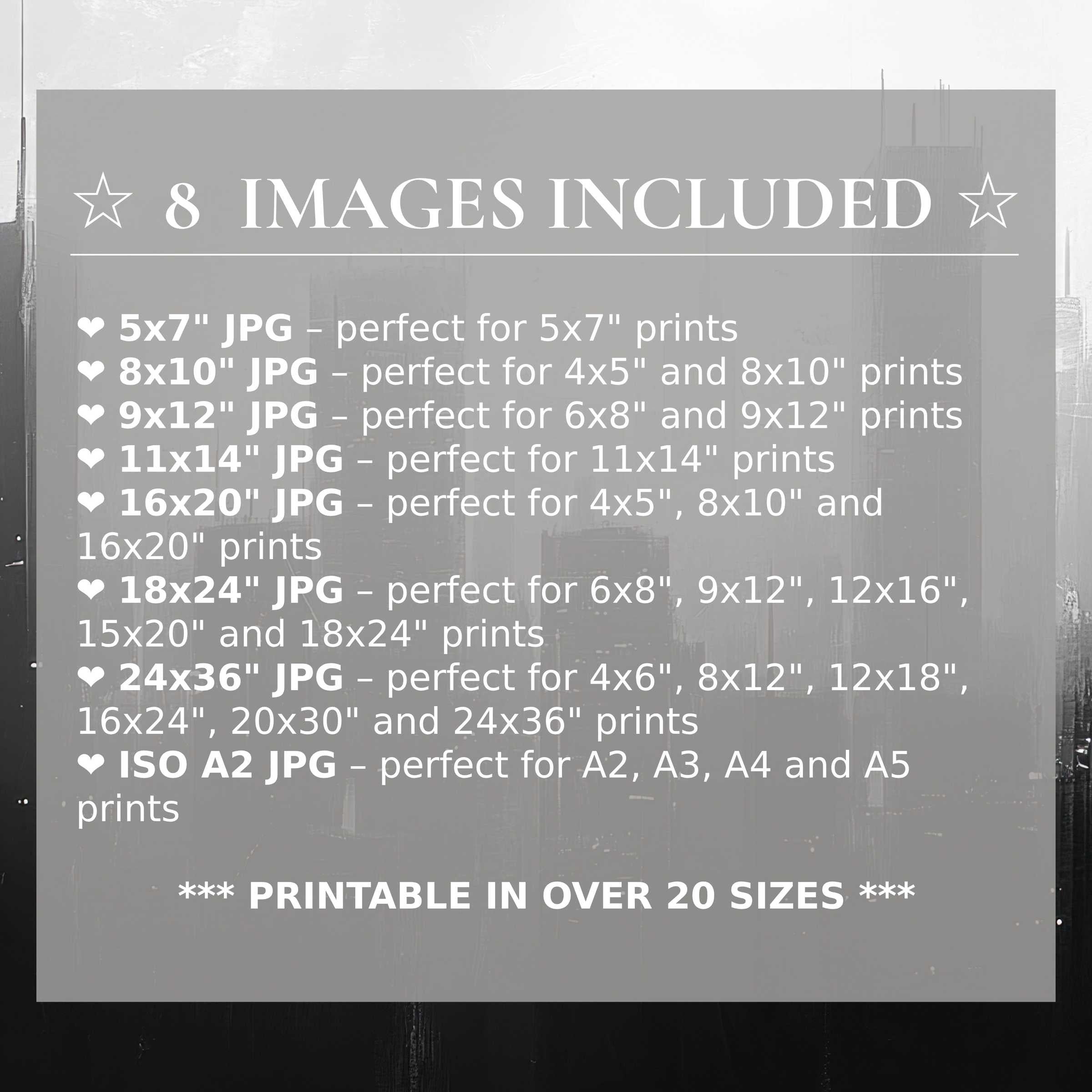 Urban digital print exuding bold grayscale tones with subtle cityscape depth, offered in 8 high-quality sizes for versatile modern interior elegance