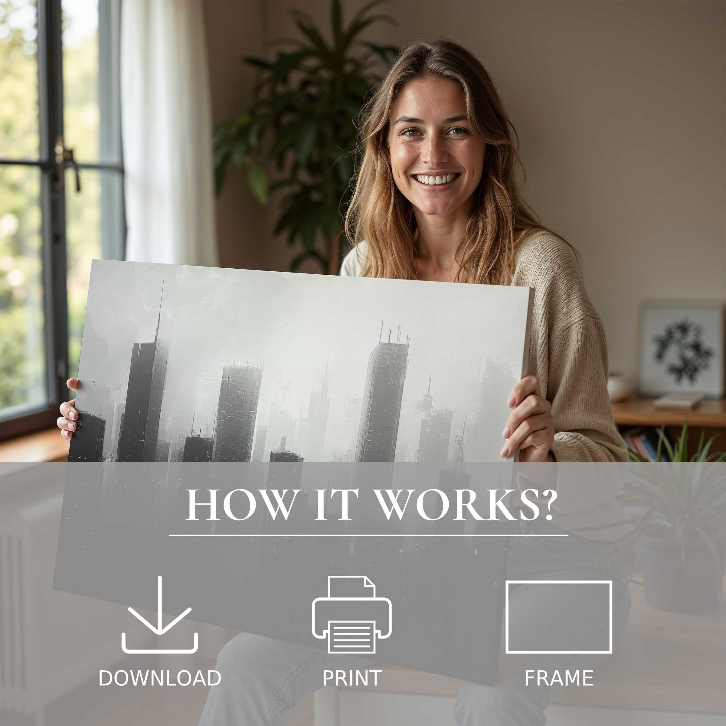 Woman in a serene, modern home sharing an urban digital art print that inspires connection and joy through elegant simplicity