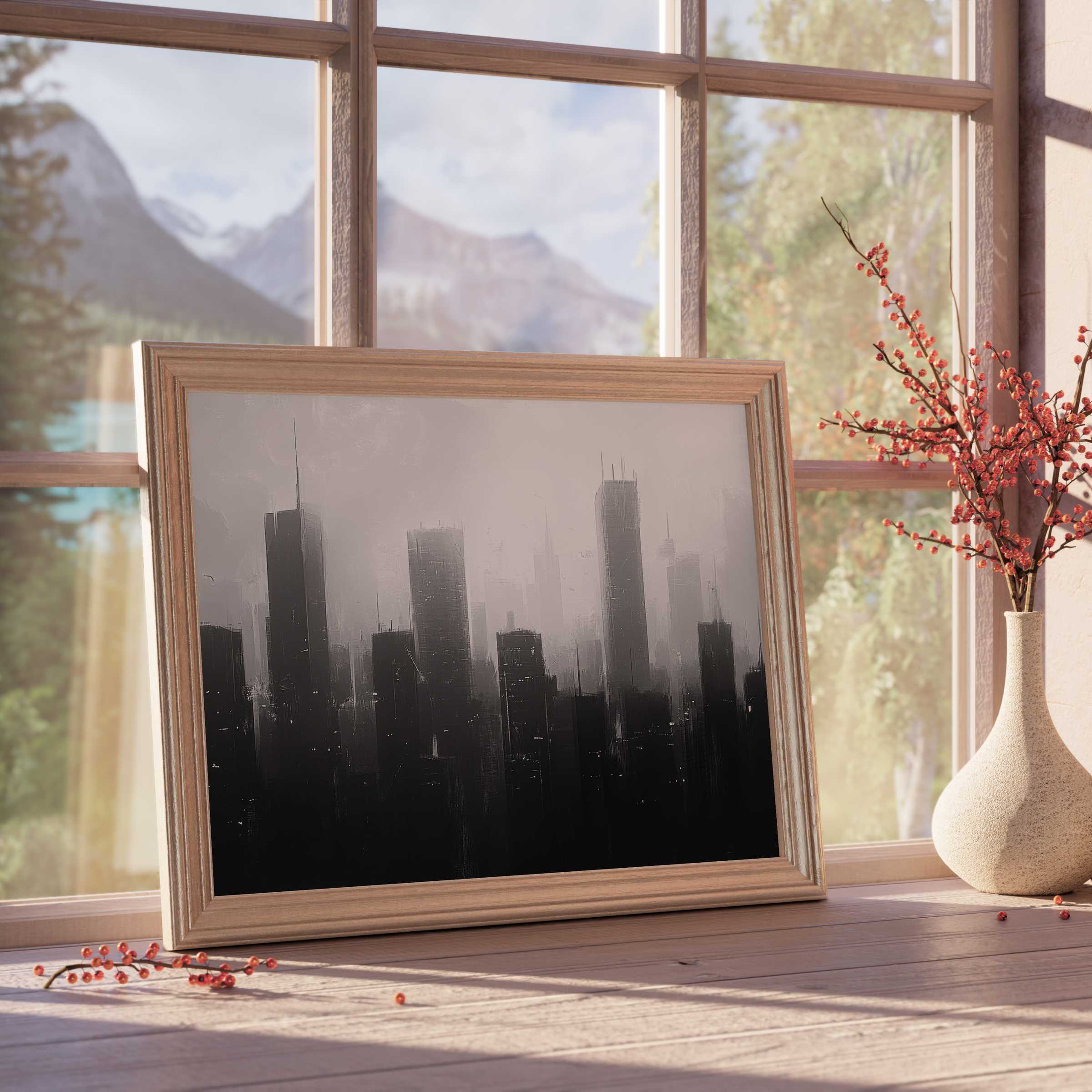 Urban downloadable art capturing a misty city skyline in grayscale, elevating curated, tranquil interiors with sleek modern elegance