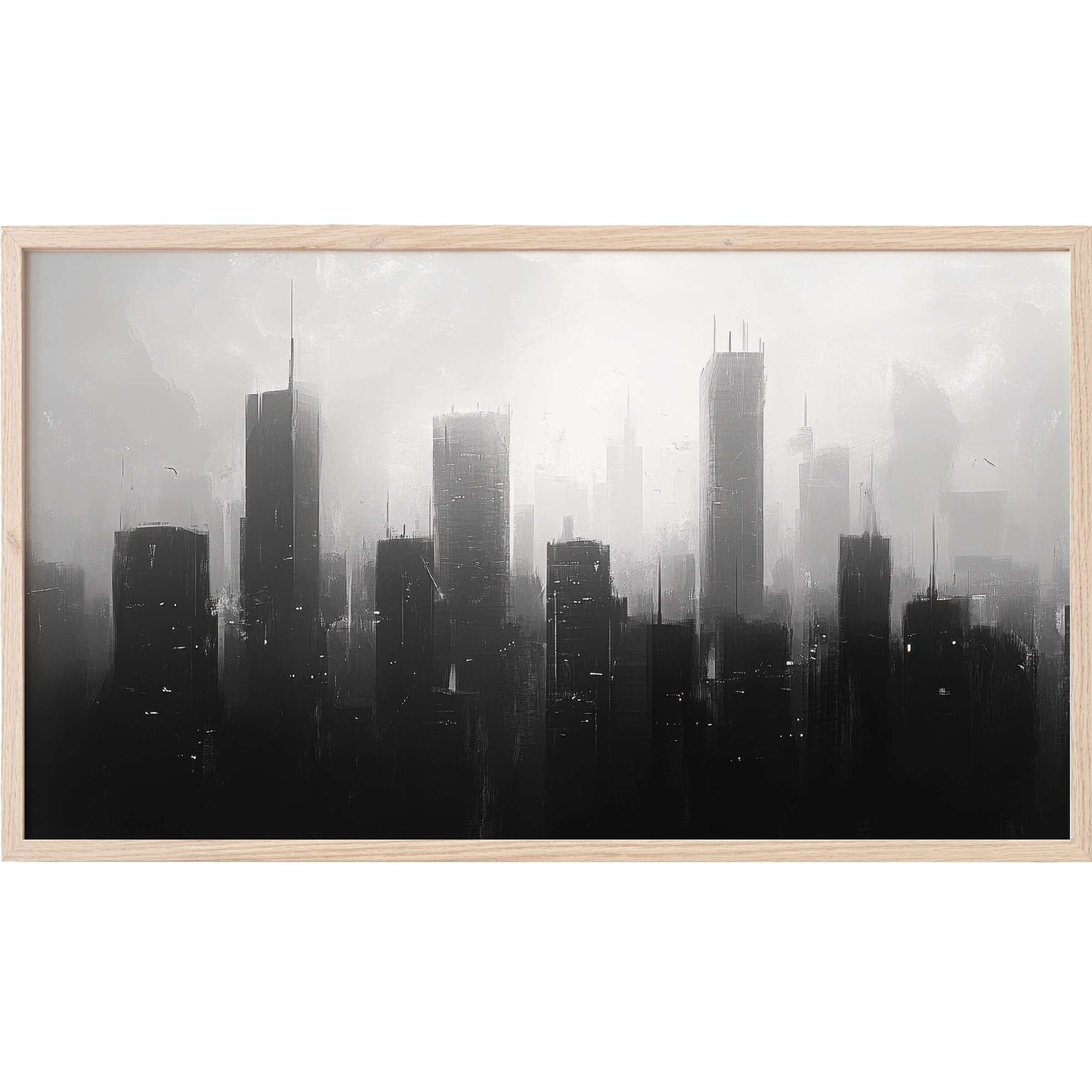 Urban Frame TV Art featuring a sleek, misty monochrome cityscape in an elegant modern gray palette