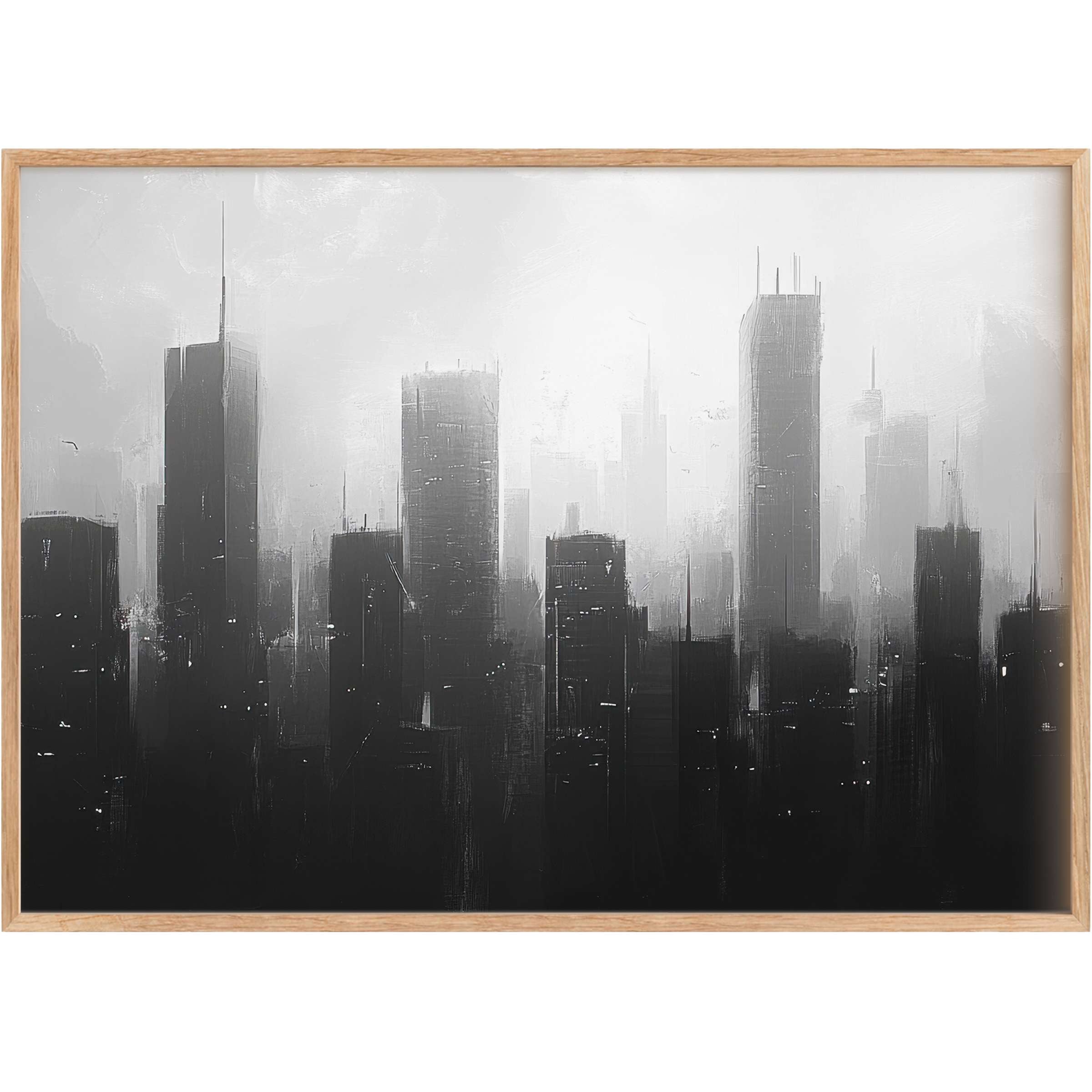 Moody grayscale urban printable wall art capturing a misty city skyline, evoking serene sophistication and modern elegance