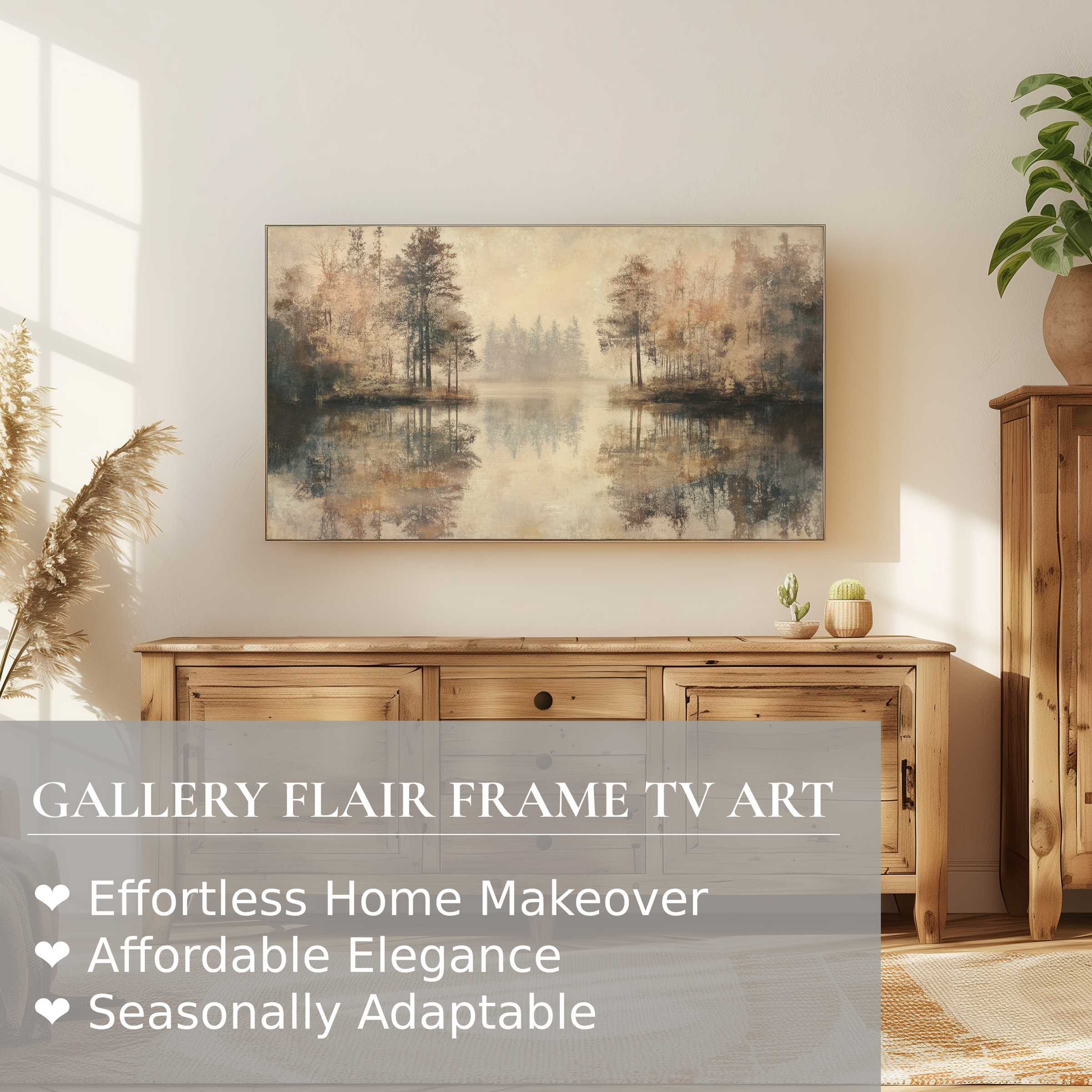 Elegant Samsung Frame TV with neutral digital artwork of misty woodland, enhancing modern natural home decor