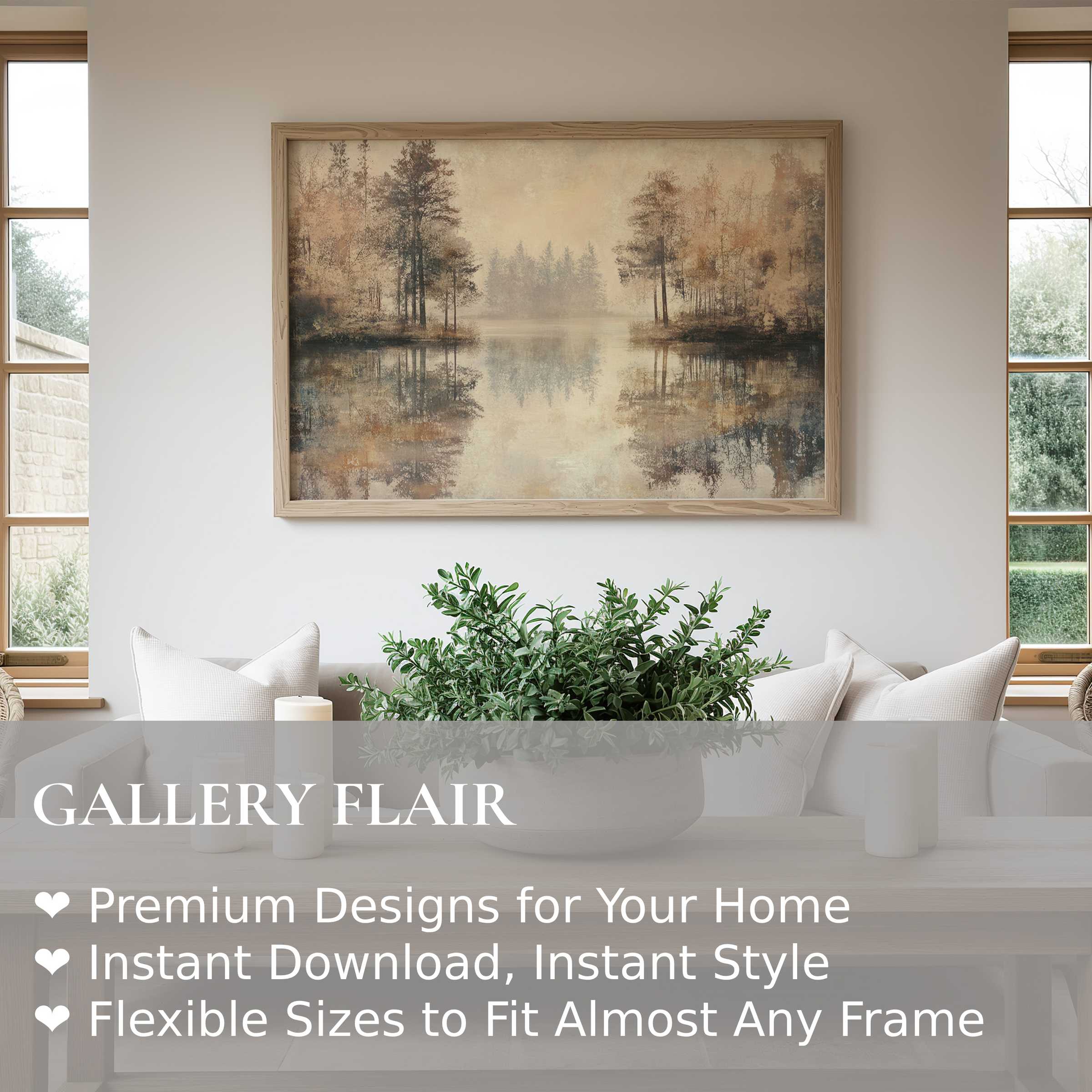 Neutral wall art print capturing a serene lakeside forest with soft, calming tones, enhancing modern minimalist interiors with subtle elegance