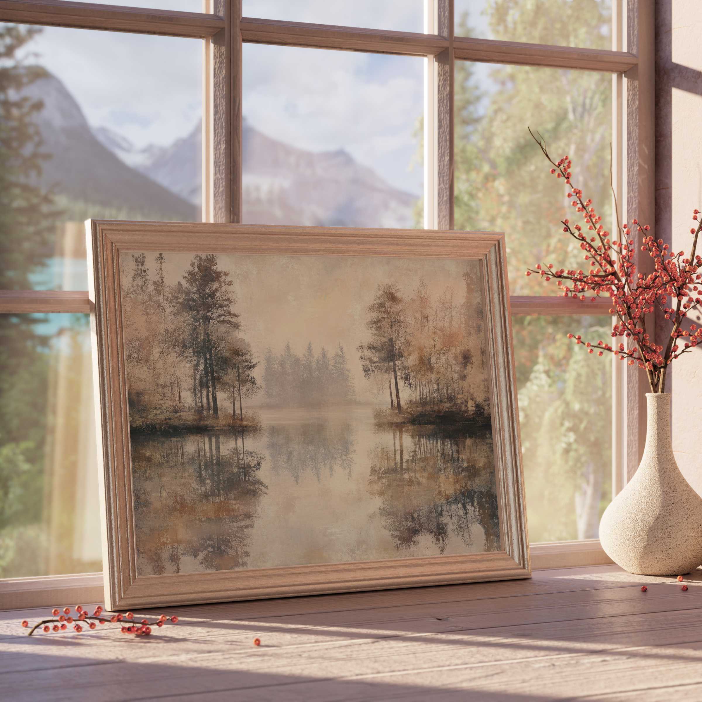 Neutral downloadable art featuring a serene misty forest lake in warm earth tones, elevating tranquil, curated interiors