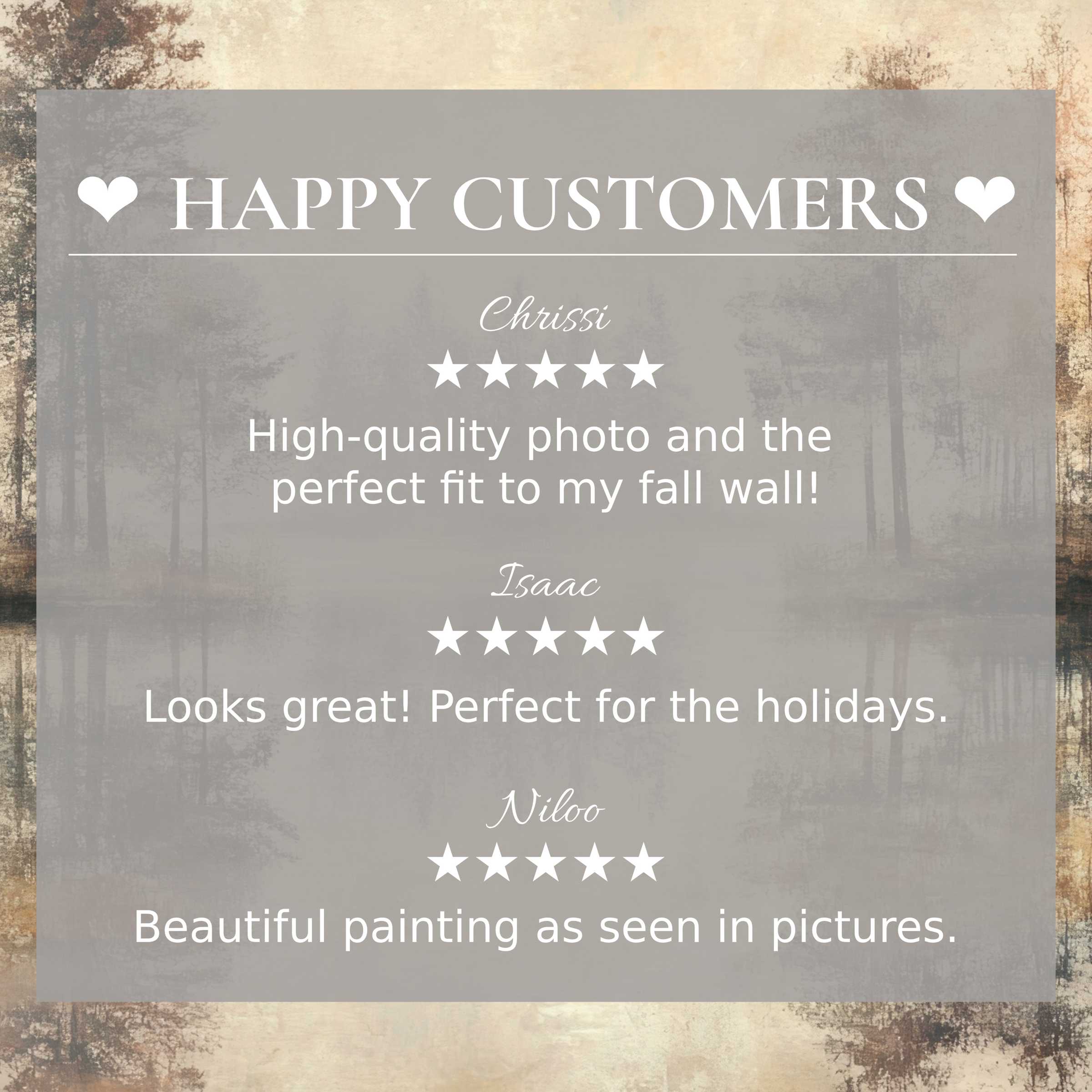 Neutral art for Frame TV with subtle forest hues, showcasing happy customer reviews that inspire trust and elegance