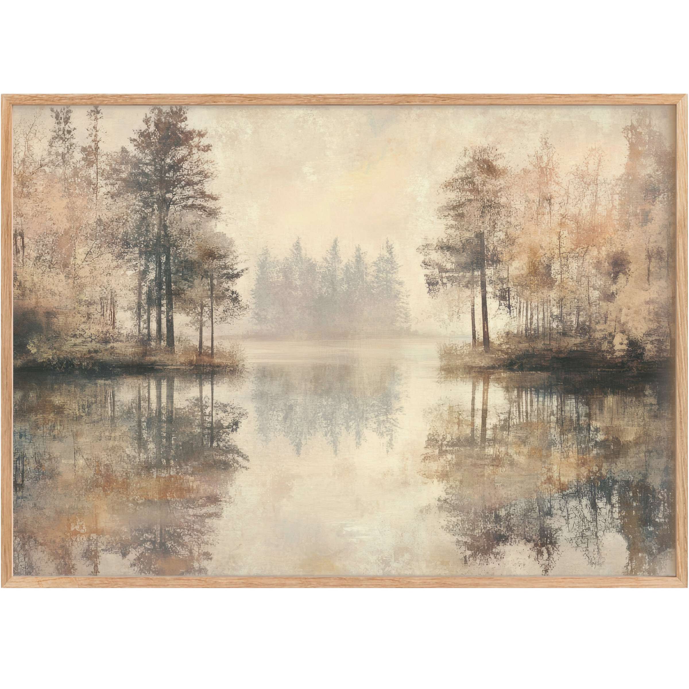 Serene neutral printable wall art with soft earth tones and misty reflections, evoking calm and timeless elegance