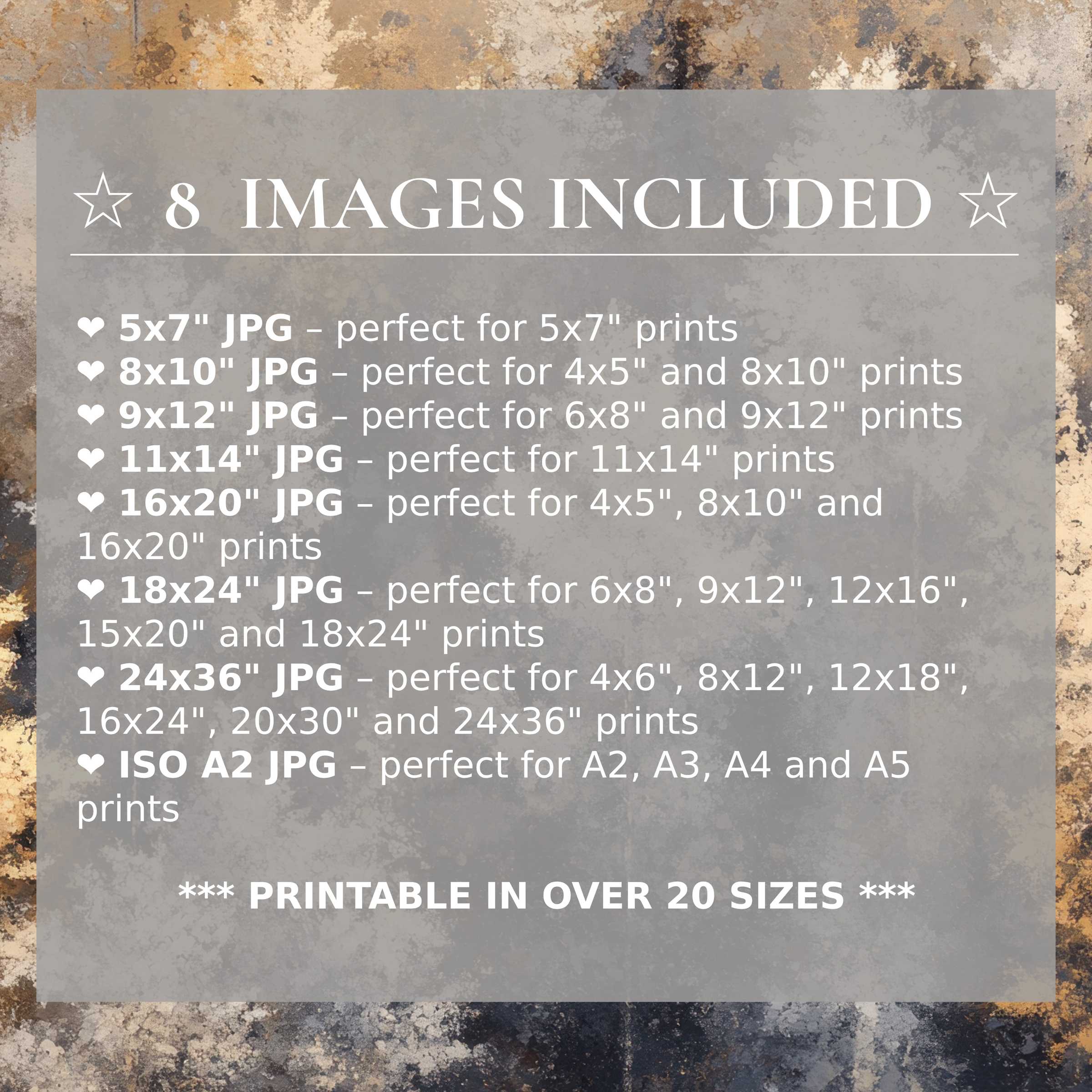 Print size guide showing 8 included JPG formats for versatile wall art printing – perfect for framing in popular sizes from 5x7 to 24x36 and A2